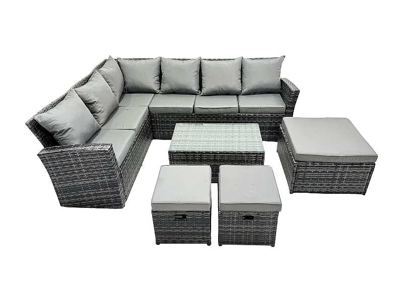 9 Sitzer Hoher Rücken Rattan Gartenmöbel Set Rattan Ecksofa Set mit Rechteckiger Couchtisch 3 Fußhockern Dunkelgrau gemischt