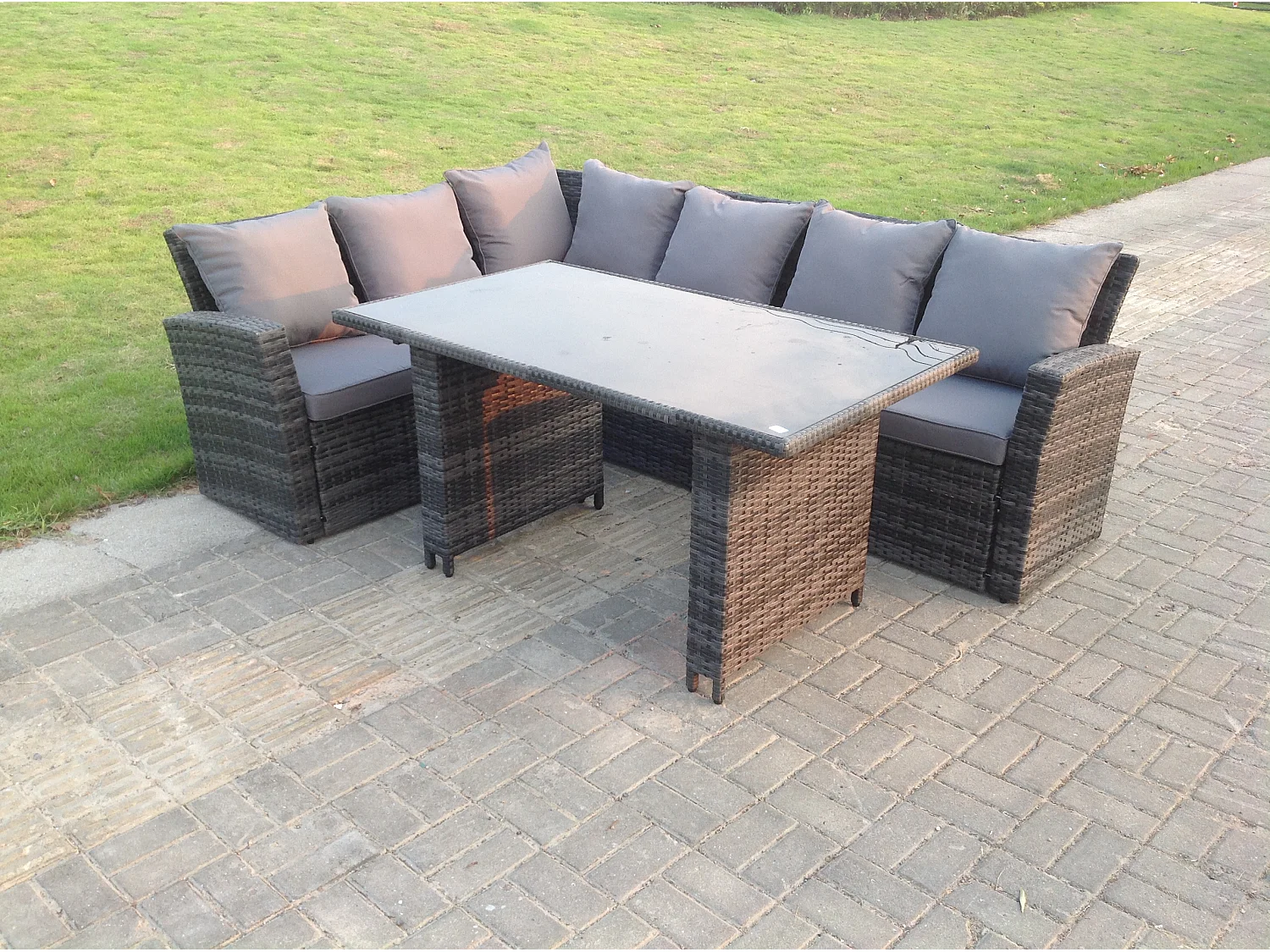 6 Sitzer Hoher Rücken Rattan Gartenmöbel-Set Ecksofa mit Schwarz gehärtet Esstisch Esstisch
