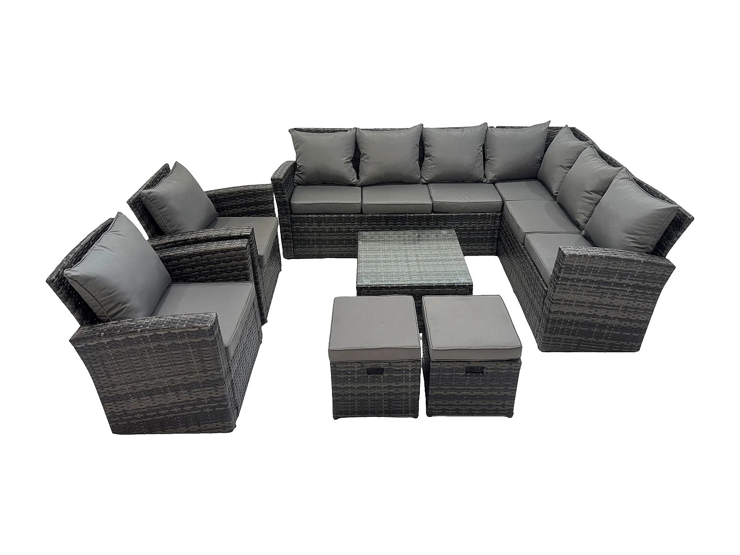 Fimous 10 Seat Rattan Garden Furniture Corner Sofa Set Outdoor Patio Sofa Table Set with 2 Small Footstools 2 Armchairs Dark Grey Mixed
