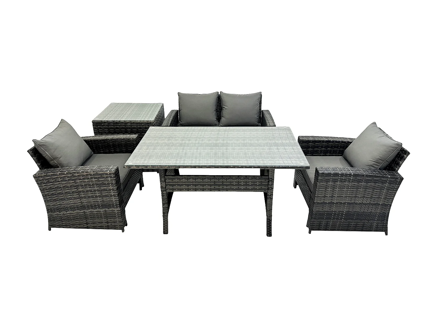 Fimous PE Wicker Outdoor Garden Furniture Set Patio Furniture Rattan Rectangular Dining Table Lounge Sofa with Side Table
