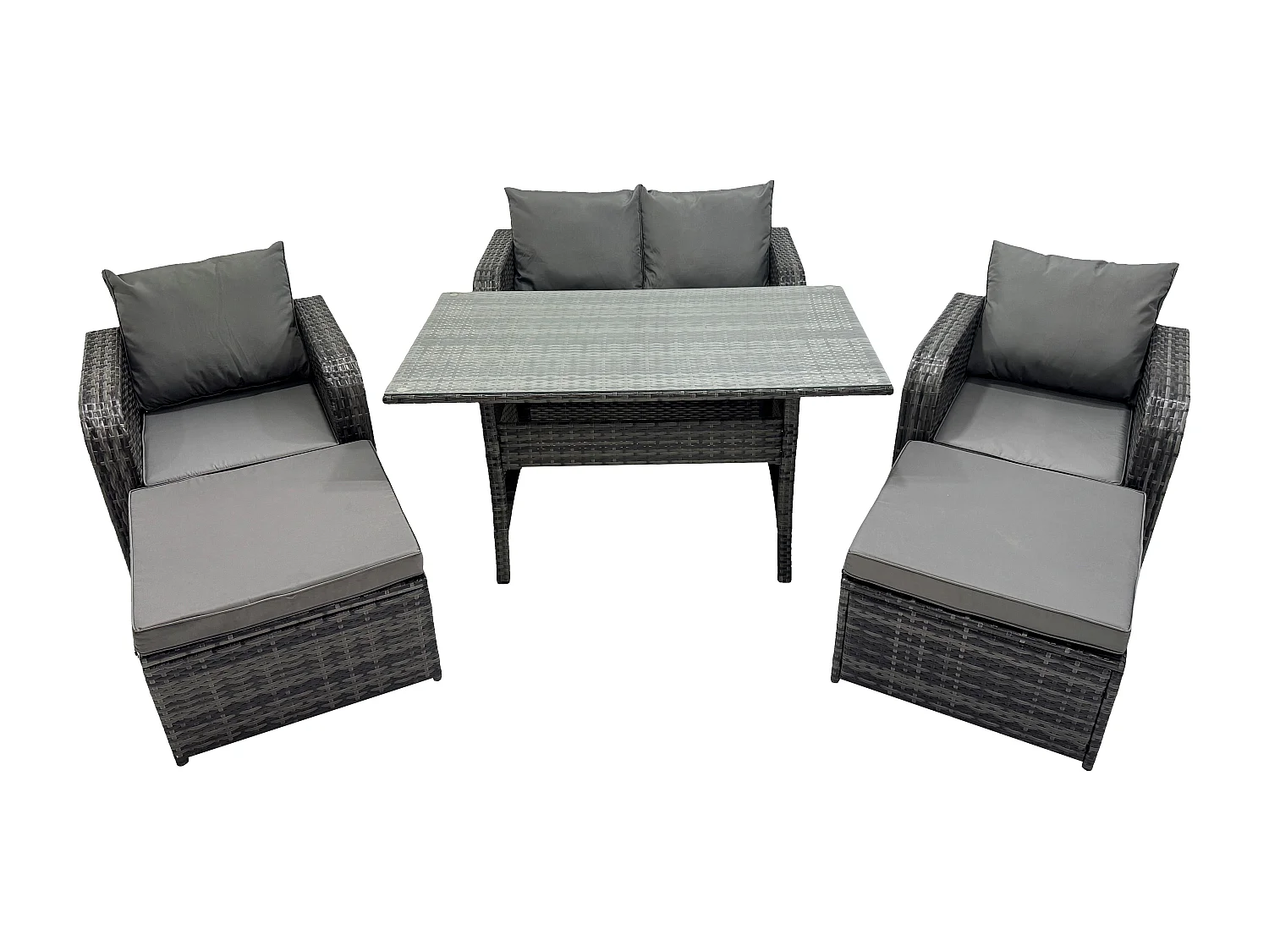 Rattan Gartenmöbel-Set mit Langer Rechteckiger Esstisch 2 Großer Hockern 6 Sitzer Outdoor Garten Sofa Set Dunkelgrau gemischt