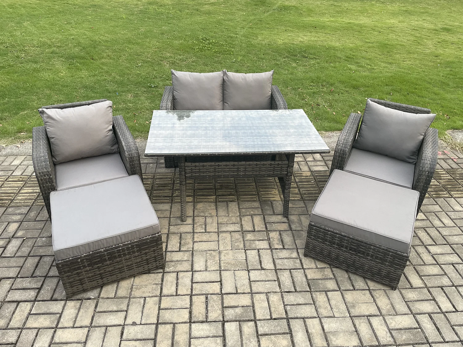 Rattan Gartenmöbel-Set mit Langer Rechteckiger Esstisch 2 Großer Hockern 6 Sitzer Outdoor Garten Sofa Set Dunkelgrau gemischt