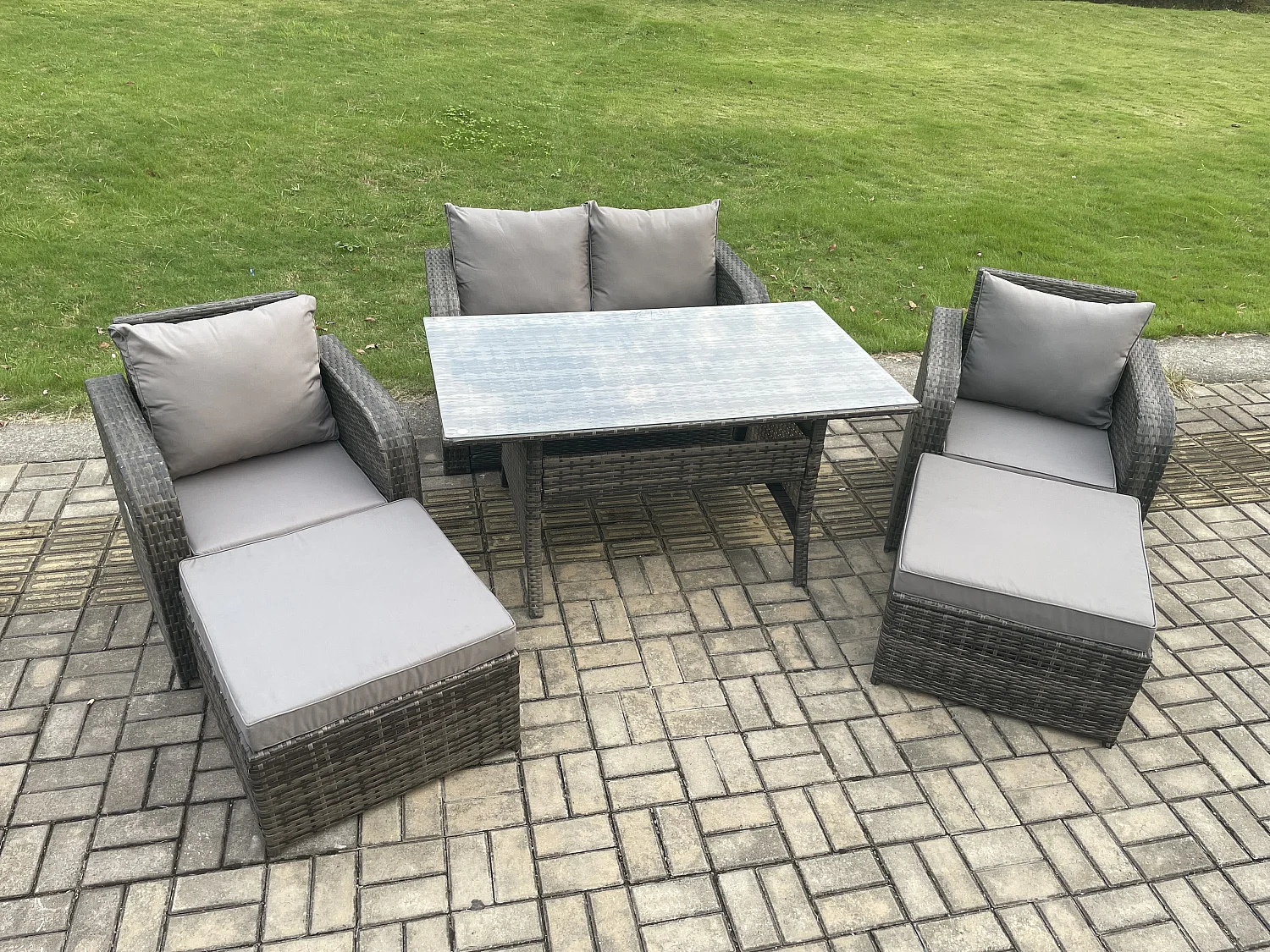 Rattan Gartenmöbel-Set mit Langer Rechteckiger Esstisch 2 Großer Hockern 6 Sitzer Outdoor Garten Sofa Set Dunkelgrau gemischt