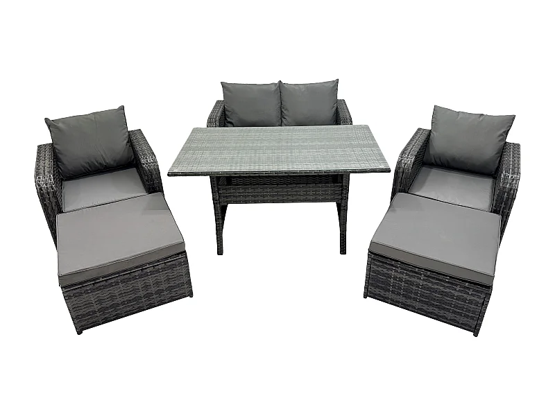Rattan Gartenmöbel-Set mit Langer Rechteckiger Esstisch 2 Großer Hockern 6 Sitzer Outdoor Garten Sofa Set Dunkelgrau gemischt
