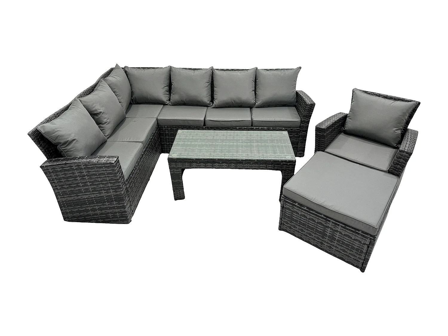 Fimous 8 Seat Rattan Garden Furniture Corner Sofa Set Outdoor Patio Sofa Chair Table Set with Big Footstool Dark Grey Mixed