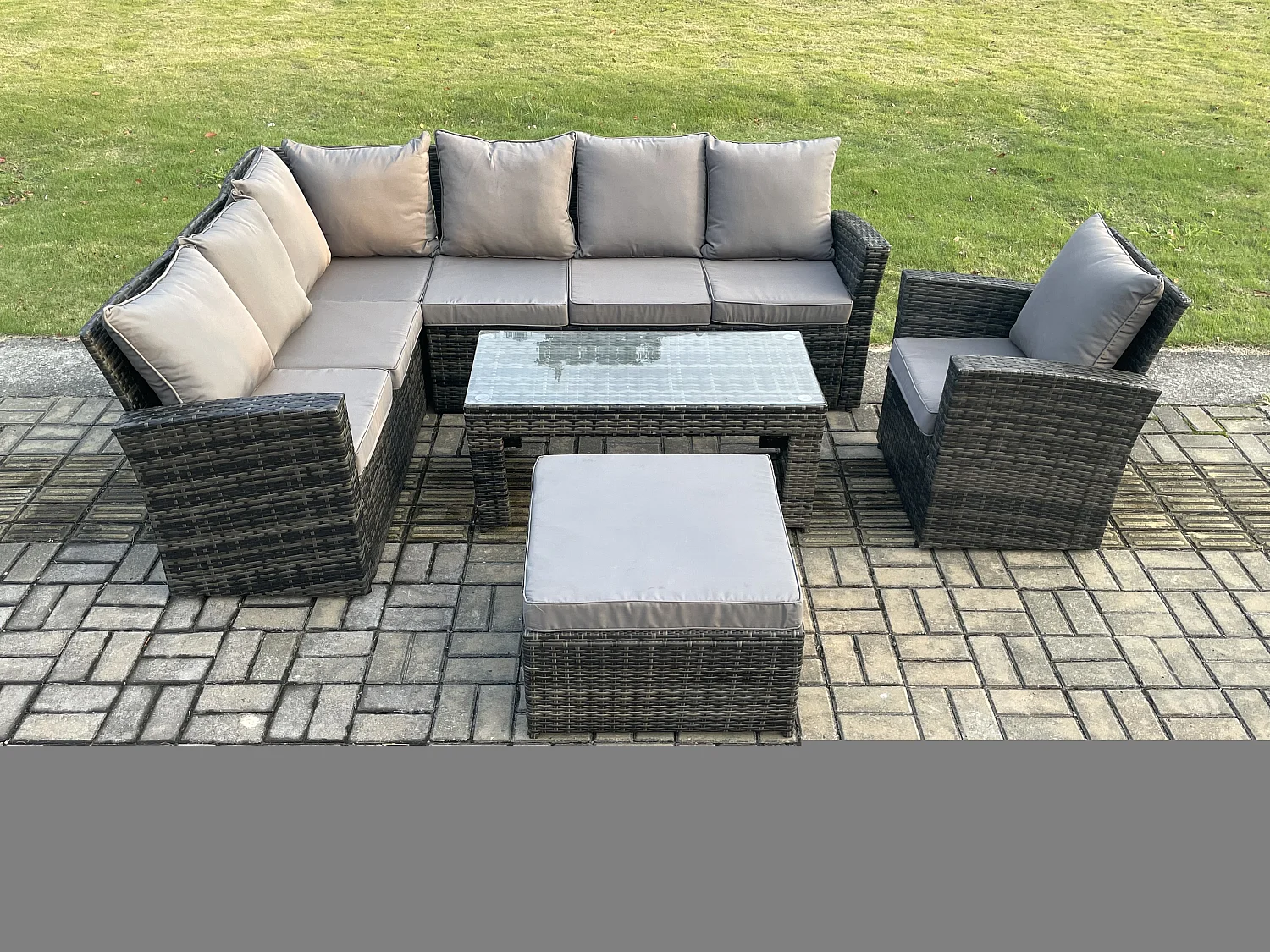 Fimous 8 Seat Rattan Garden Furniture Corner Sofa Set Outdoor Patio Sofa Chair Table Set with Big Footstool Dark Grey Mixed