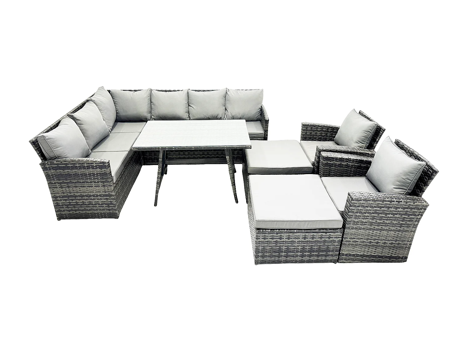 Fimous Outdoor Rattan Garden Furniture Corner Sofa Set with Oblong Dining Table 2 Big Footstool 2 Armchairs Patio Wicker Rattan Set Dark Grey Mixed