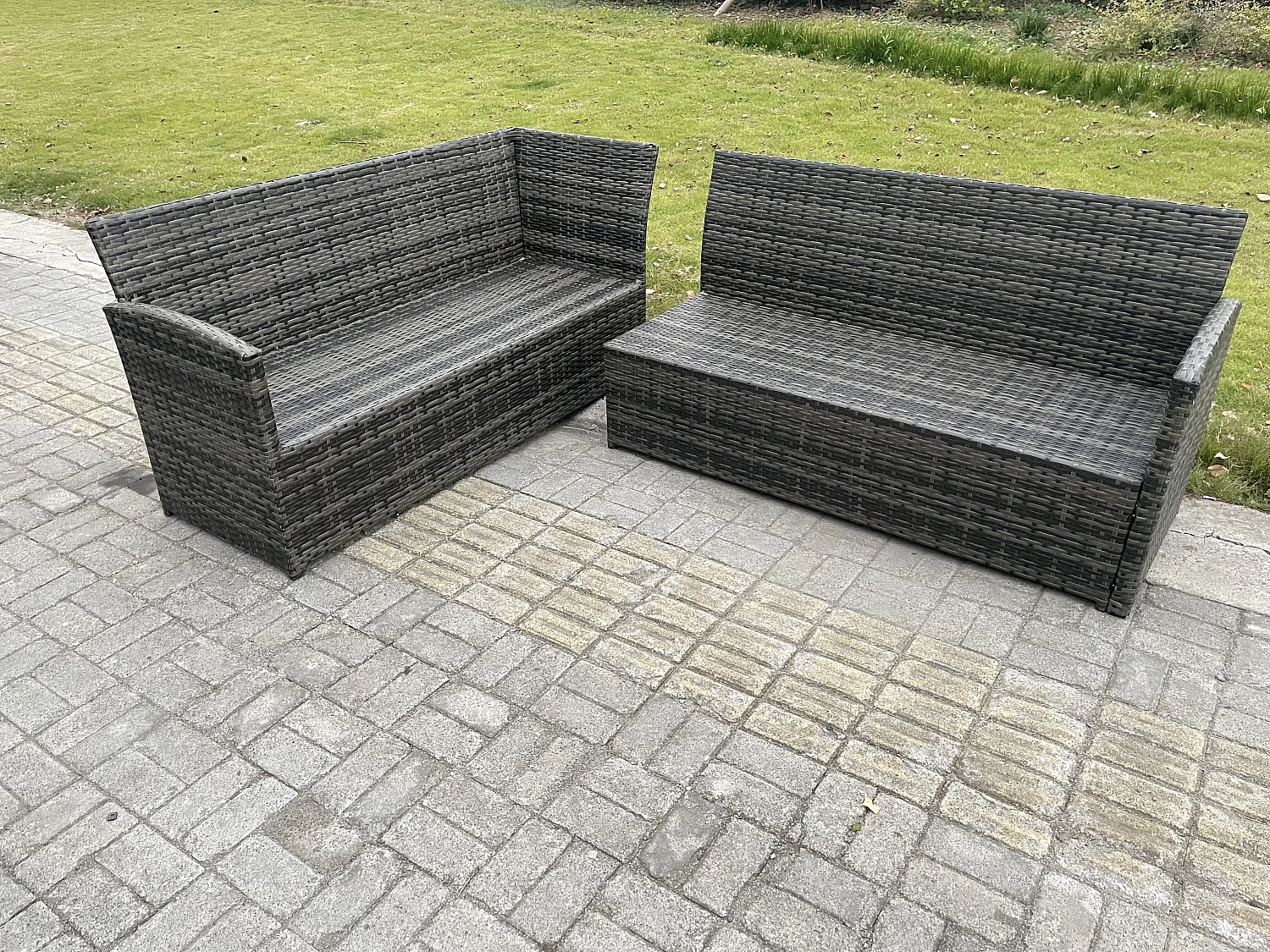 Fimous Outdoor Rattan Garden Furniture Corner Sofa Set with Oblong Dining Table 2 Big Footstool 2 Armchairs Patio Wicker Rattan Set Dark Grey Mixed