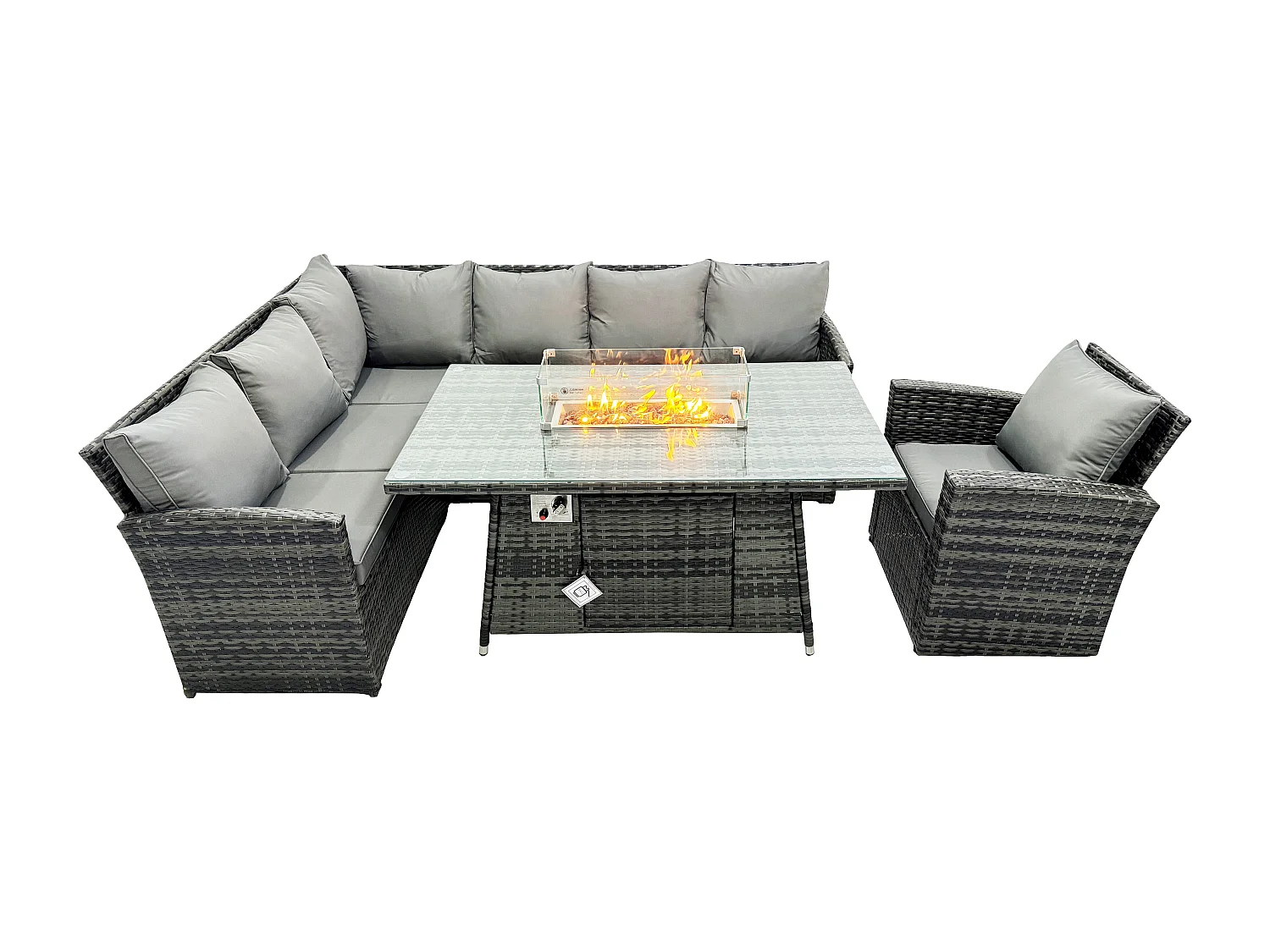 Fimous Rattan Garden Furniture High Back Corner Sofa Gas Fire Pit Dining Table Sets Gas Heater with Armchair 7 Seater Dark Grey Mixed