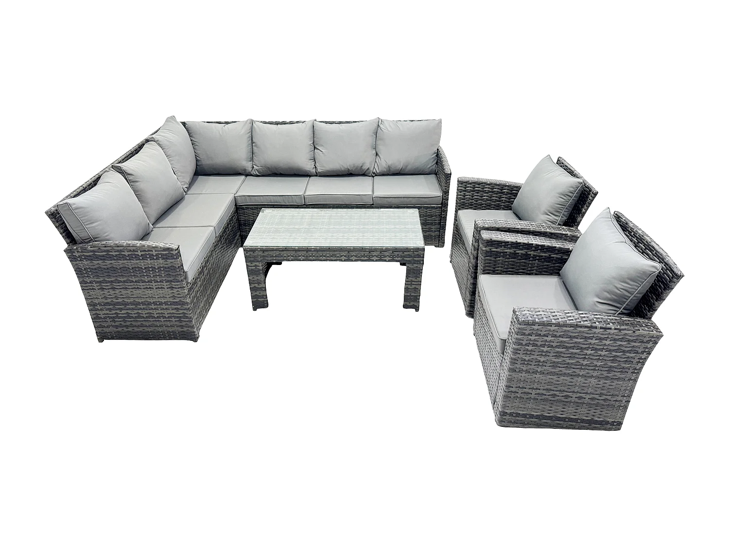 Fimous 8 Seater Outdoor Rattan Garden Furniture Set Corner Sofa Oblong Coffee Table Sets with Patio 2 Armchairs Dark Grey Mixed
