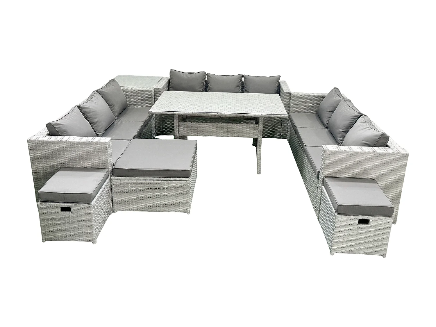 Polyrattan Gartenmöbel Set 12 Sitzer Garten Sofa Rechteckiger Esstisch Set mit 3 Fußhockern Beistelltisch Hellgrau gemischt