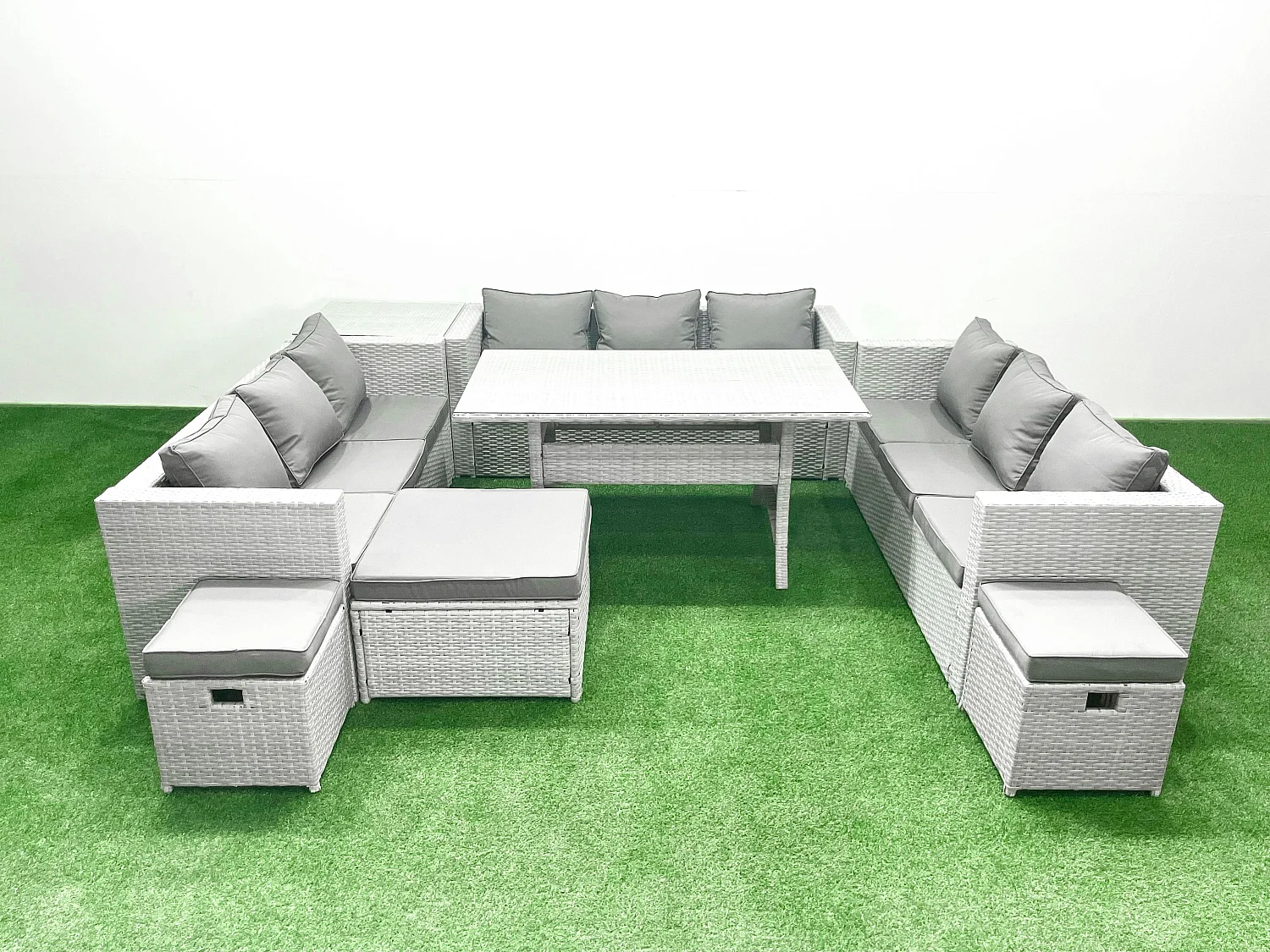 Polyrattan Gartenmöbel Set 12 Sitzer Garten Sofa Rechteckiger Esstisch Set mit 3 Fußhockern Beistelltisch Hellgrau gemischt