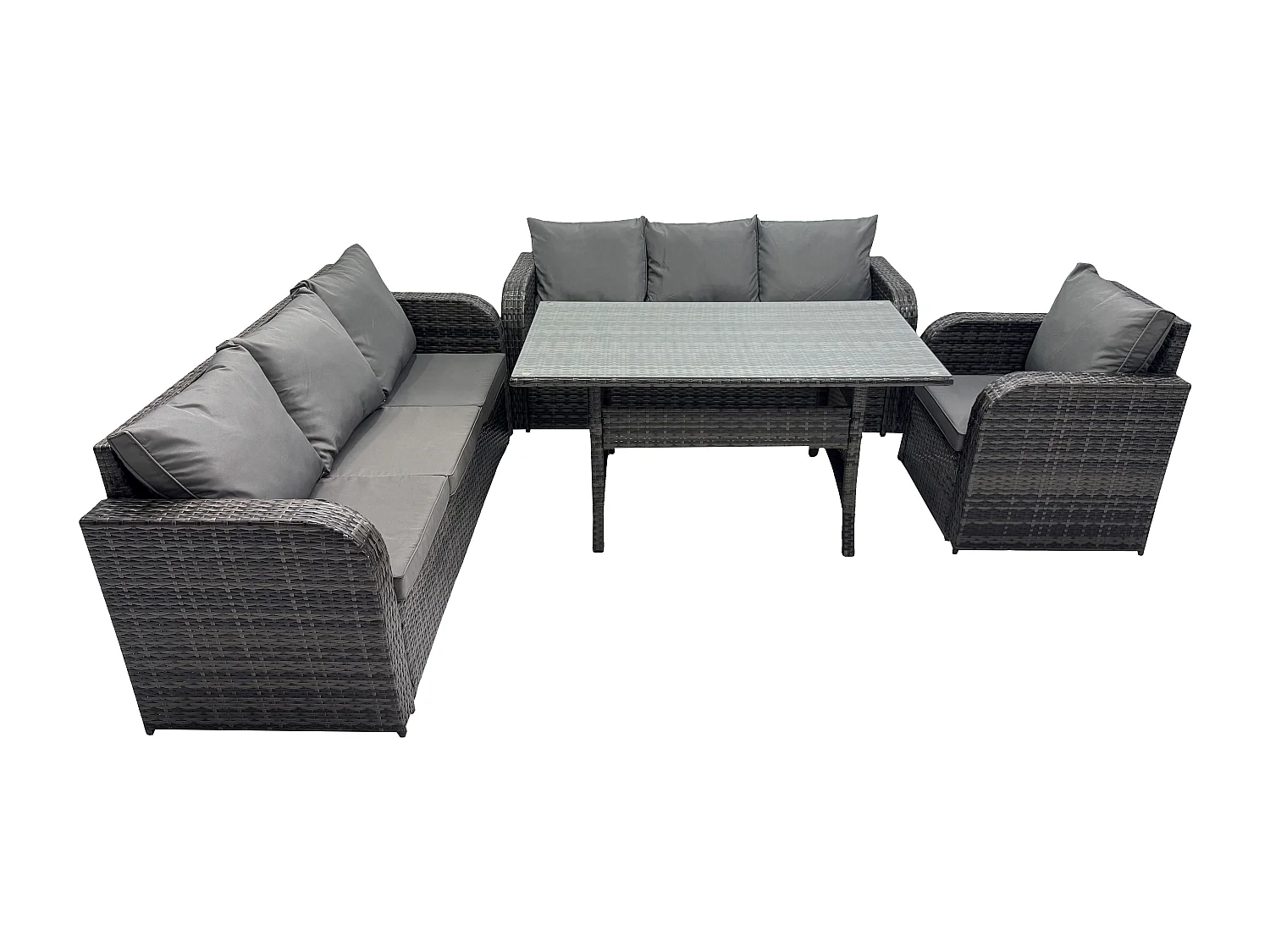 Fimous 7 Seater Dark Grey PE Wicker Rattan Garden Furniture Set Reclining Chair Lounge Sofa 3 Seater Sofa Set Outdoor Rectangular Dining Table