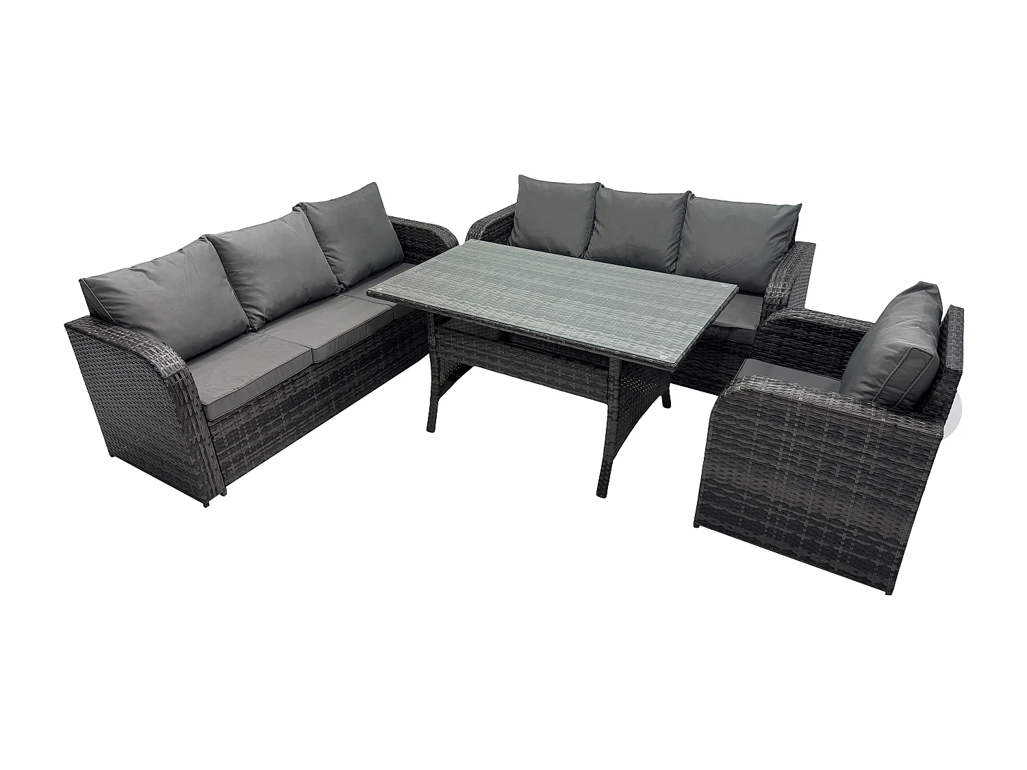 Fimous 7 Seater Dark Grey PE Wicker Rattan Garden Furniture Set Reclining Chair Lounge Sofa 3 Seater Sofa Set Outdoor Rectangular Dining Table