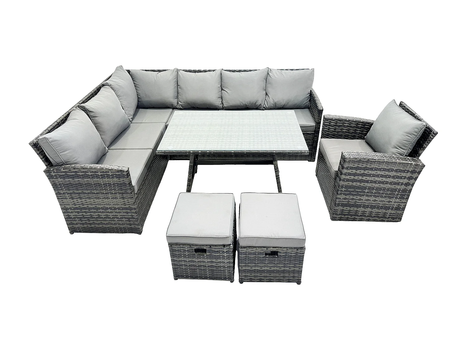 Outdoor Gartenmöbel-Set Ecksofa Set mit Länglicher Esstisch 2 kleine Fußhockern Sessel 9 Sitzer Dunkelgrau gemischt