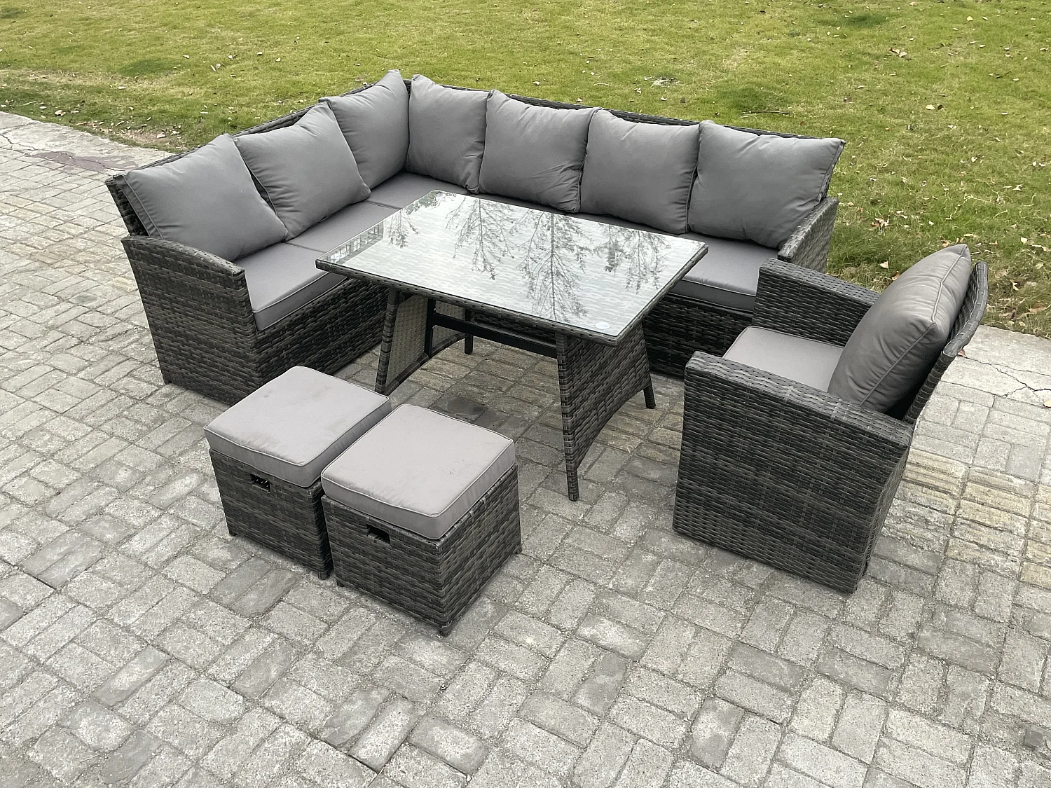 Outdoor Gartenmöbel-Set Ecksofa Set mit Länglicher Esstisch 2 kleine Fußhockern Sessel 9 Sitzer Dunkelgrau gemischt