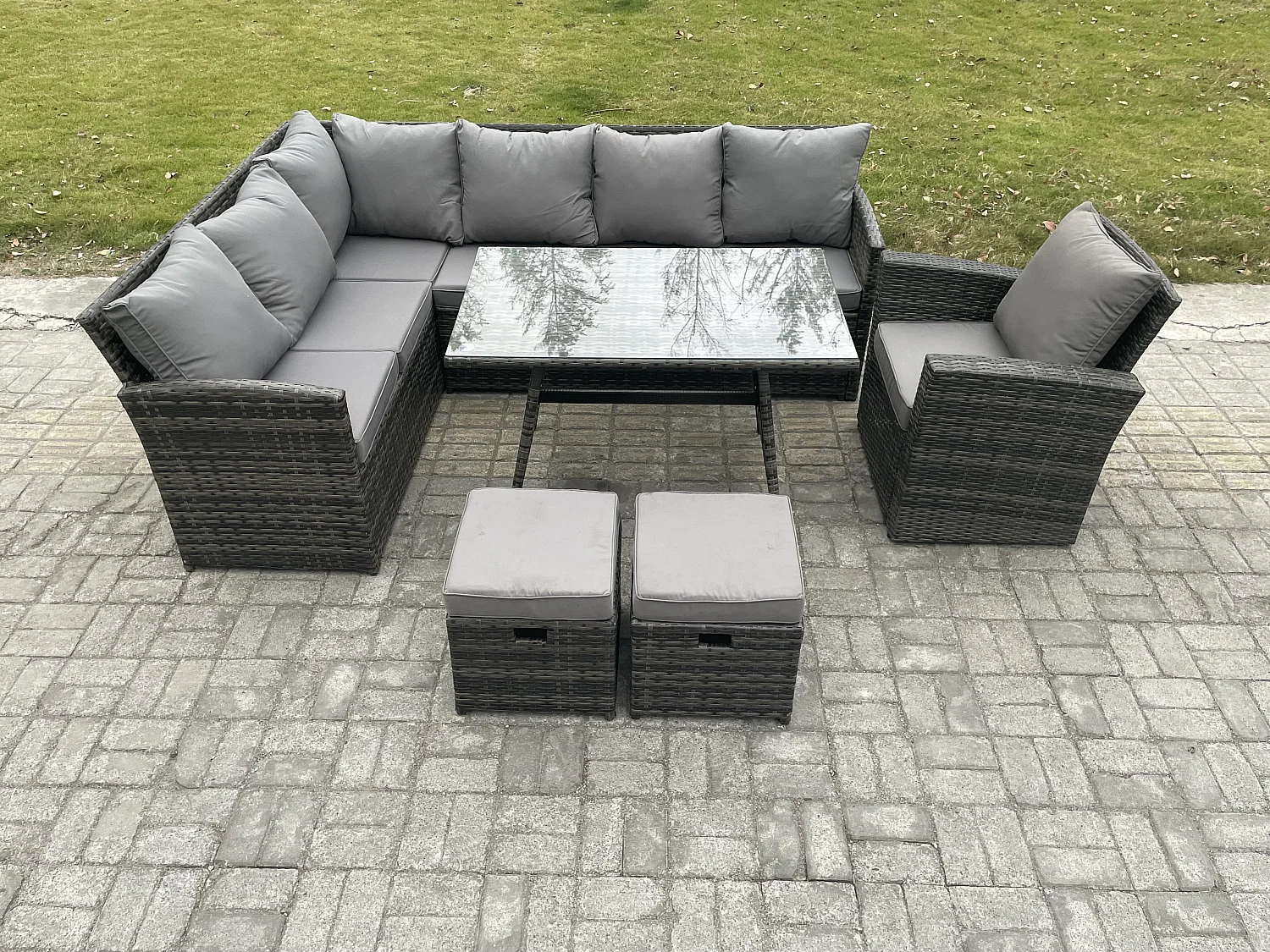 Outdoor Gartenmöbel-Set Ecksofa Set mit Länglicher Esstisch 2 kleine Fußhockern Sessel 9 Sitzer Dunkelgrau gemischt