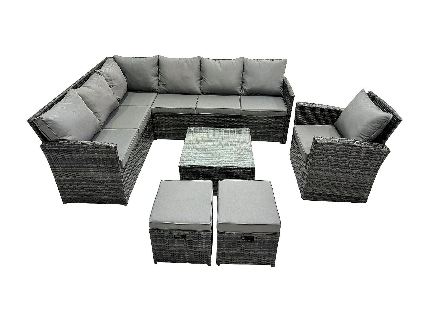 9 Sitzer Rattan Gartenmöbel Set Ecksofa Set aus Polyrattan mit Quadratischer Couchtisch 2 kleine Fußhockern Sesseln Dunkelgrau gemischt