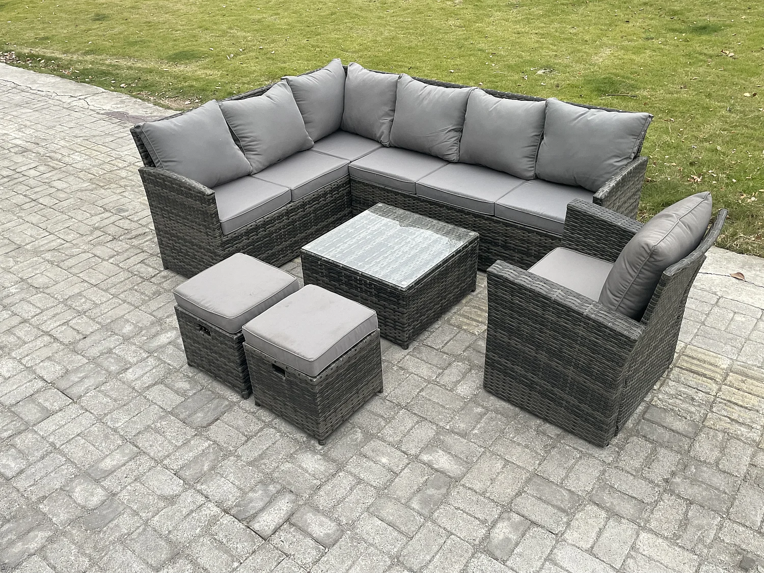 9 Sitzer Rattan Gartenmöbel Set Ecksofa Set aus Polyrattan mit Quadratischer Couchtisch 2 kleine Fußhockern Sesseln Dunkelgrau gemischt
