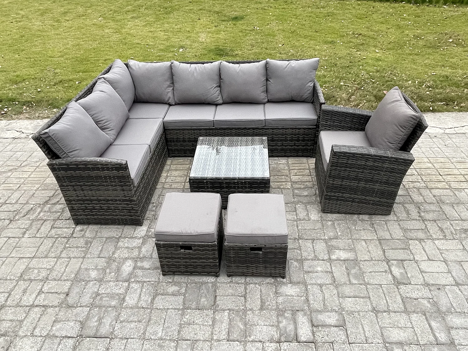 9 Sitzer Rattan Gartenmöbel Set Ecksofa Set aus Polyrattan mit Quadratischer Couchtisch 2 kleine Fußhockern Sesseln Dunkelgrau gemischt