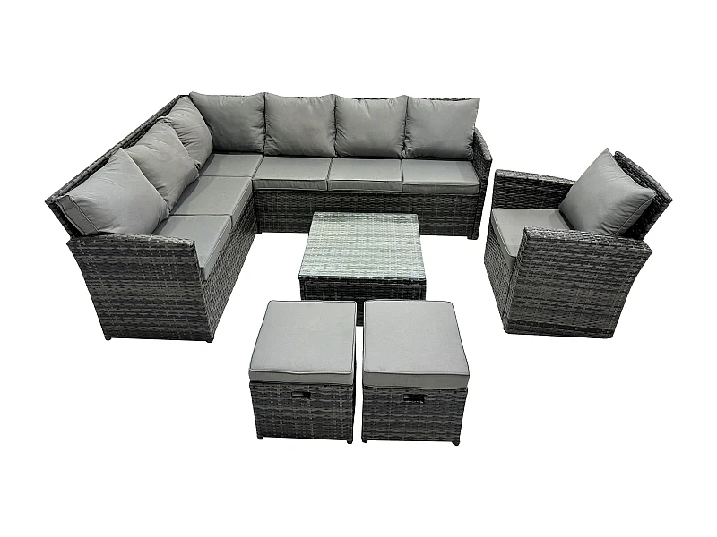 9 Sitzer Rattan Gartenmöbel Set Ecksofa Set aus Polyrattan mit Quadratischer Couchtisch 2 kleine Fußhockern Sesseln Dunkelgrau gemischt