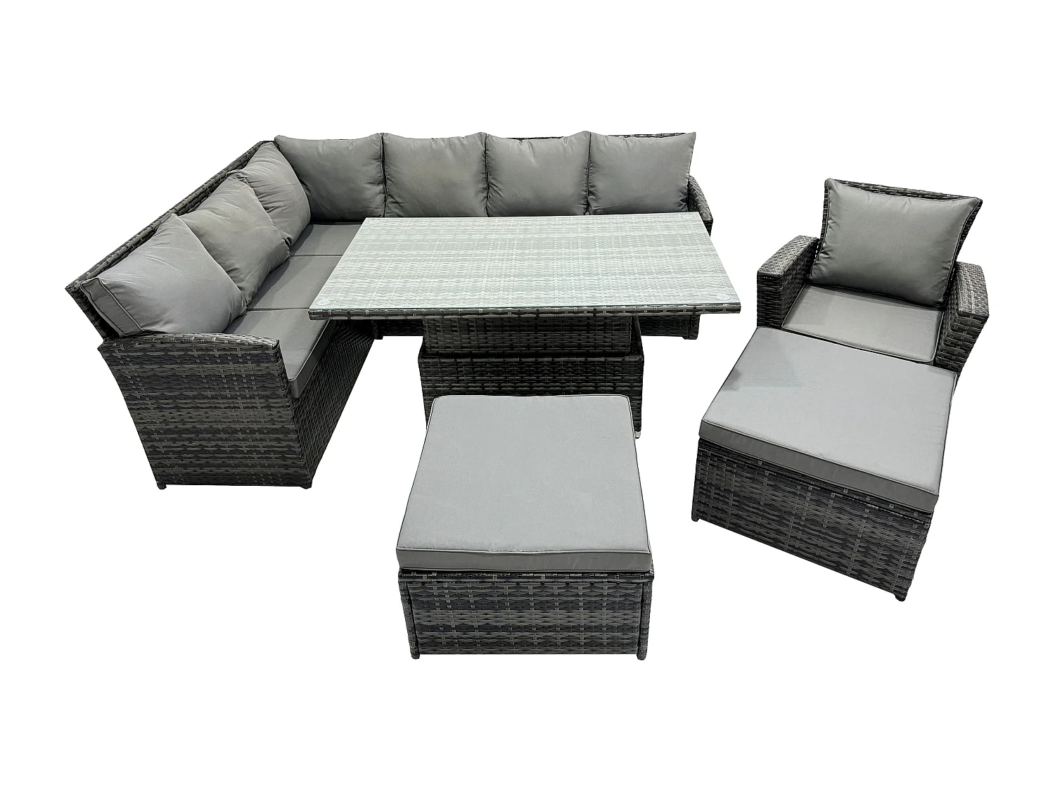 Fimous Outdoor Garden Furniture Set Wicker PE Rattan Height Adjustable Rising Lifting Table Sofa Dining Set with 2 Big Footstool Armchair Dark Grey Mixed