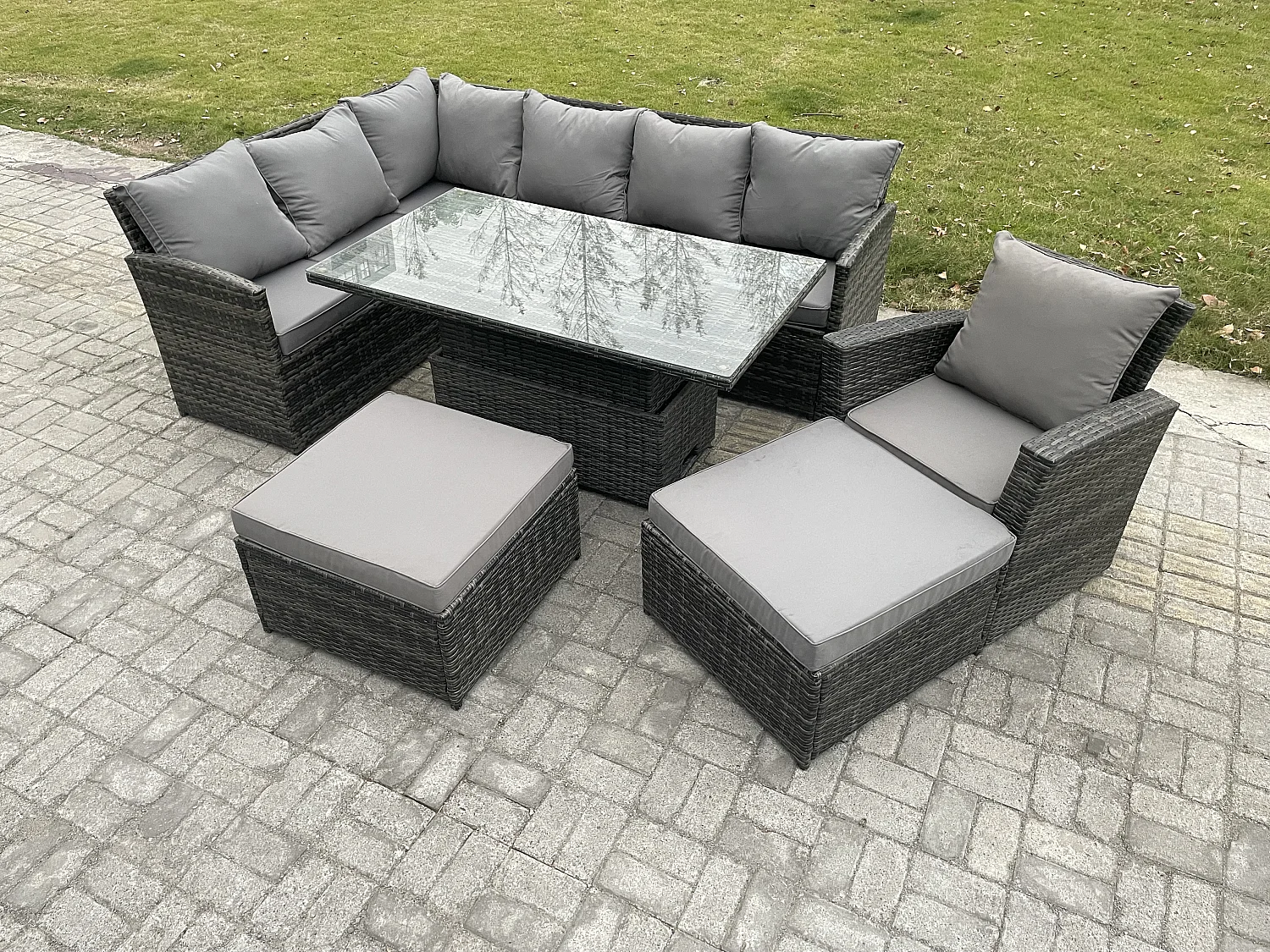 Fimous Outdoor Garden Furniture Set Wicker PE Rattan Height Adjustable Rising Lifting Table Sofa Dining Set with 2 Big Footstool Armchair Dark Grey Mixed
