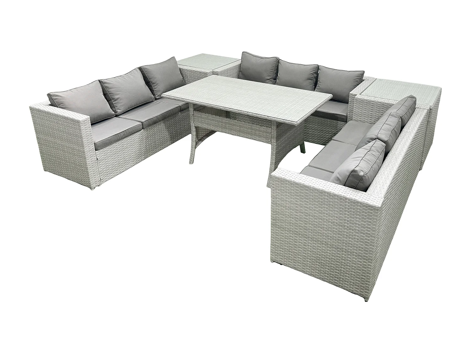 Fimous Rattan Garden Outdoor Furniture Set 9 Seater Garden Sofa Rectangulr Dining Table Set with 2 Side Tables Light Grey Mixed