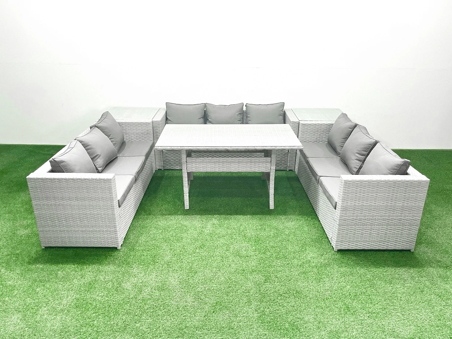 Fimous Rattan Garden Outdoor Furniture Set 9 Seater Garden Sofa Rectangulr Dining Table Set with 2 Side Tables Light Grey Mixed