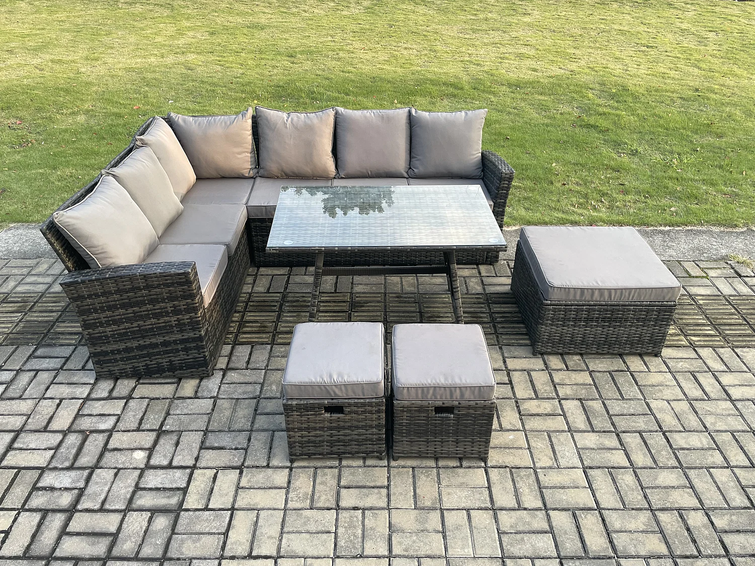 Gartenlounge Set Rattan Ecksofa Set mit Rechteckiger Esstisch 3 Fußhockern Dunkelgrau gemischt