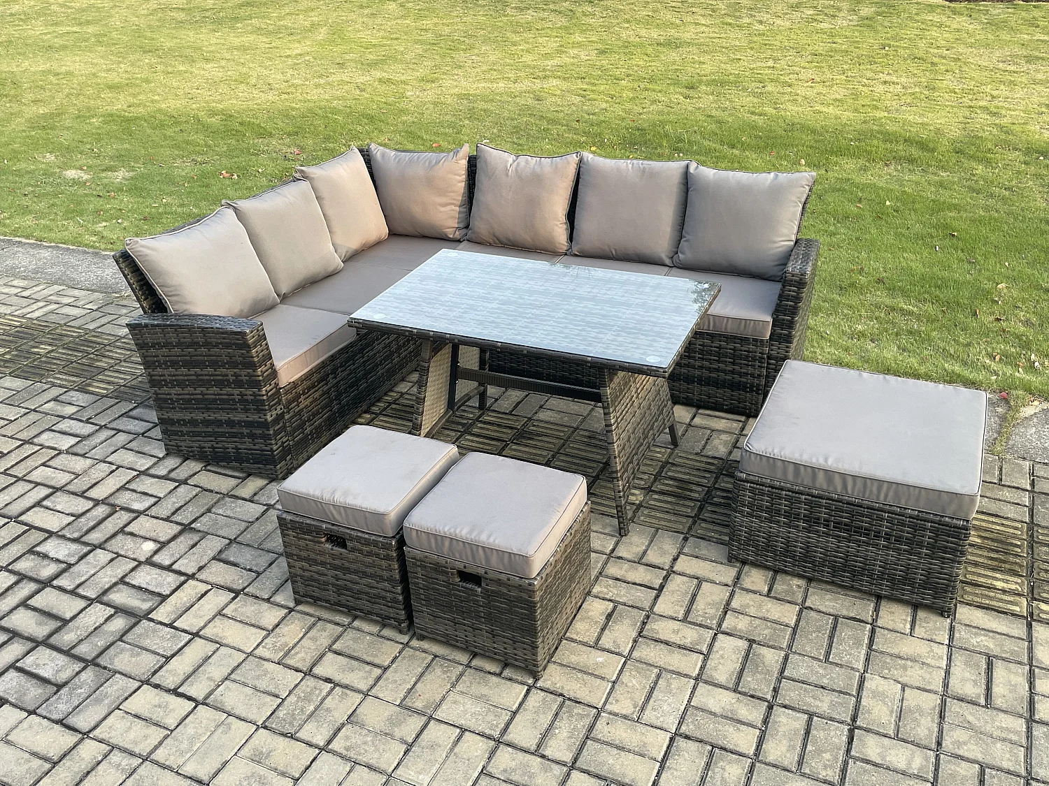 Gartenlounge Set Rattan Ecksofa Set mit Rechteckiger Esstisch 3 Fußhockern Dunkelgrau gemischt