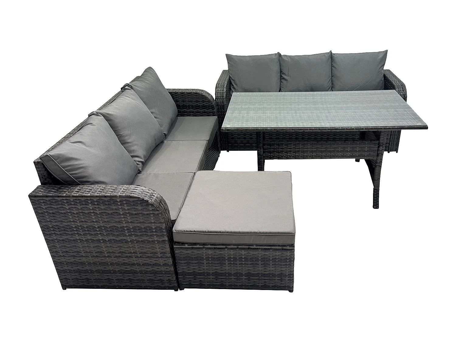 Fimous Rattan Garden Furniture Set with Oblong Rectangular Dining Table Big Footstool 4 Pieces Outdoor Lounge Sofa Set Dark Grey Mixed