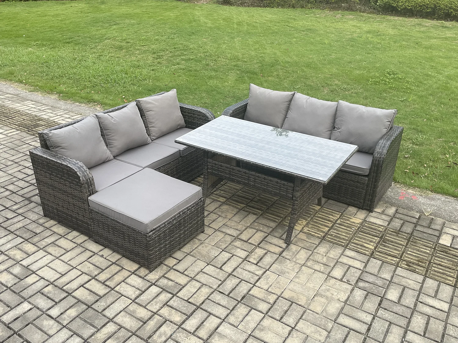 Fimous Rattan Garden Furniture Set with Oblong Rectangular Dining Table Big Footstool 4 Pieces Outdoor Lounge Sofa Set Dark Grey Mixed