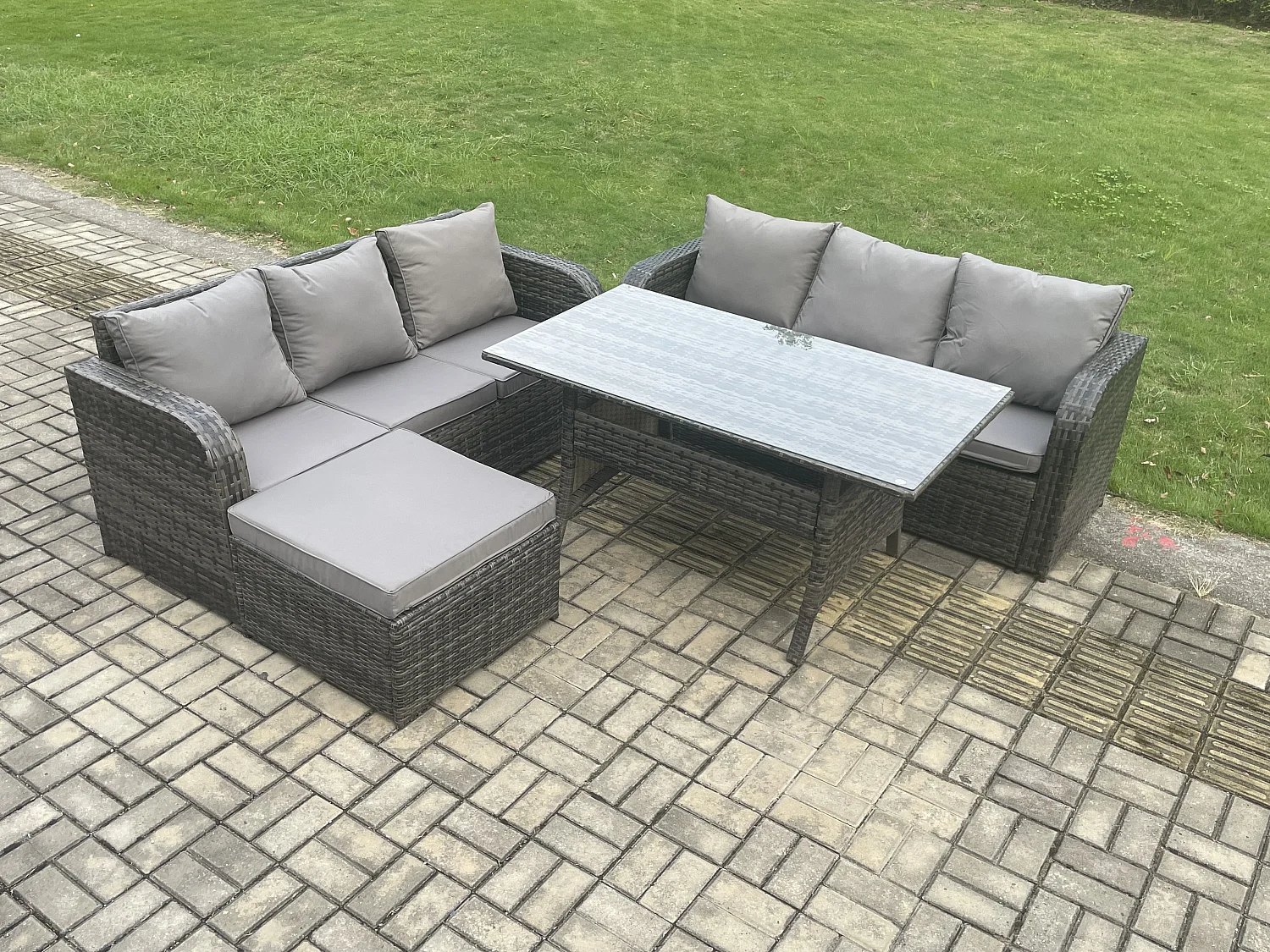 Fimous Rattan Garden Furniture Set with Oblong Rectangular Dining Table Big Footstool 4 Pieces Outdoor Lounge Sofa Set Dark Grey Mixed