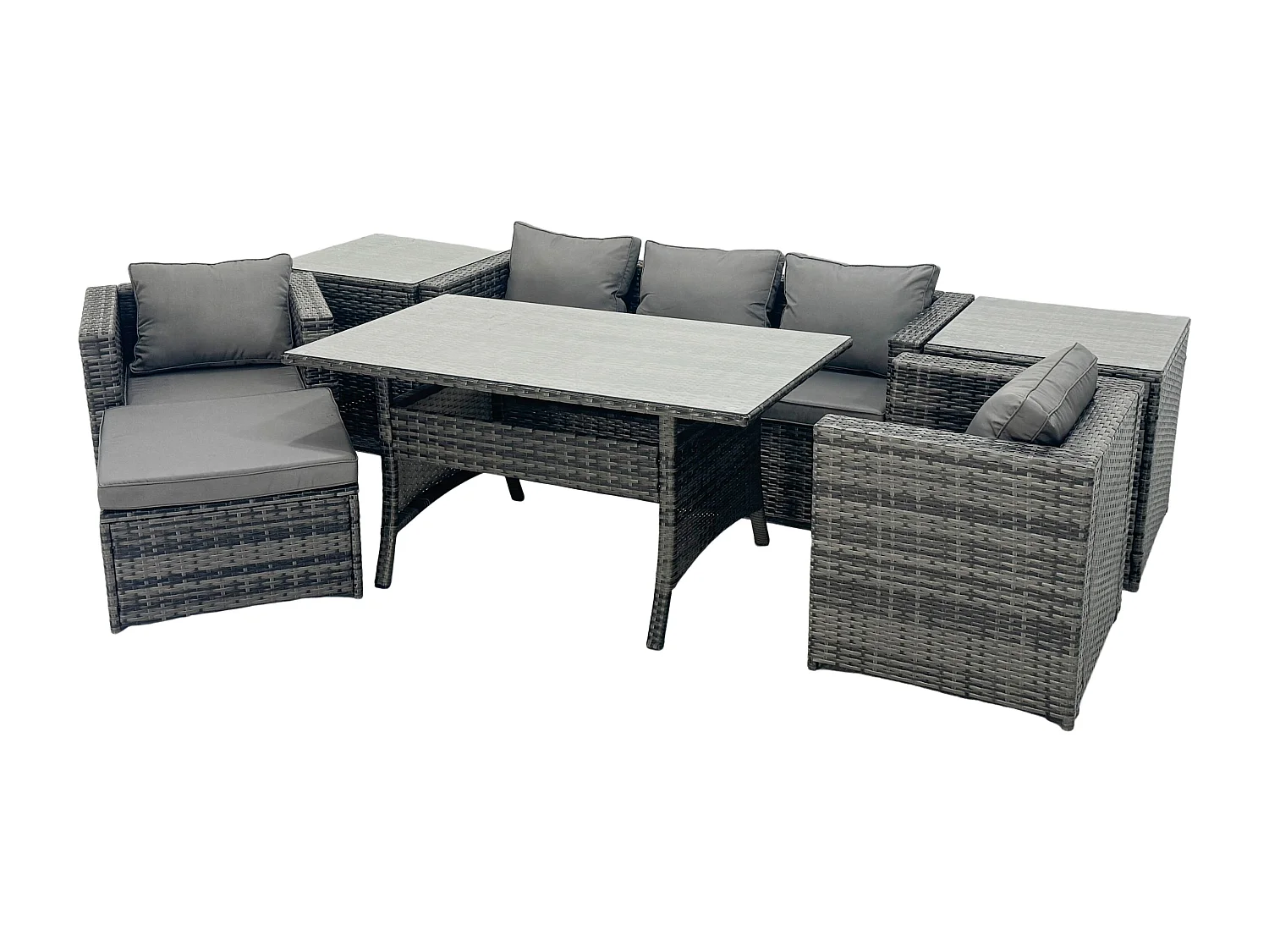 Fimous 6 Seater Rattan Garden Furniture Set Patio Outdoor Rectangular Dining Table Lounge Sofa Chair with 2 Side Table Stool Dark Grey Mixed
