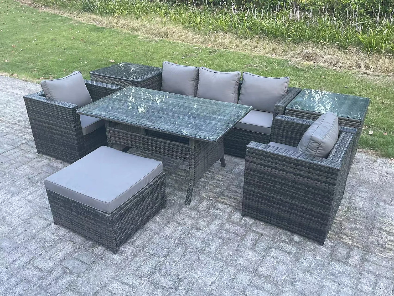 Fimous 6 Seater Rattan Garden Furniture Set Patio Outdoor Rectangular Dining Table Lounge Sofa Chair with 2 Side Table Stool Dark Grey Mixed
