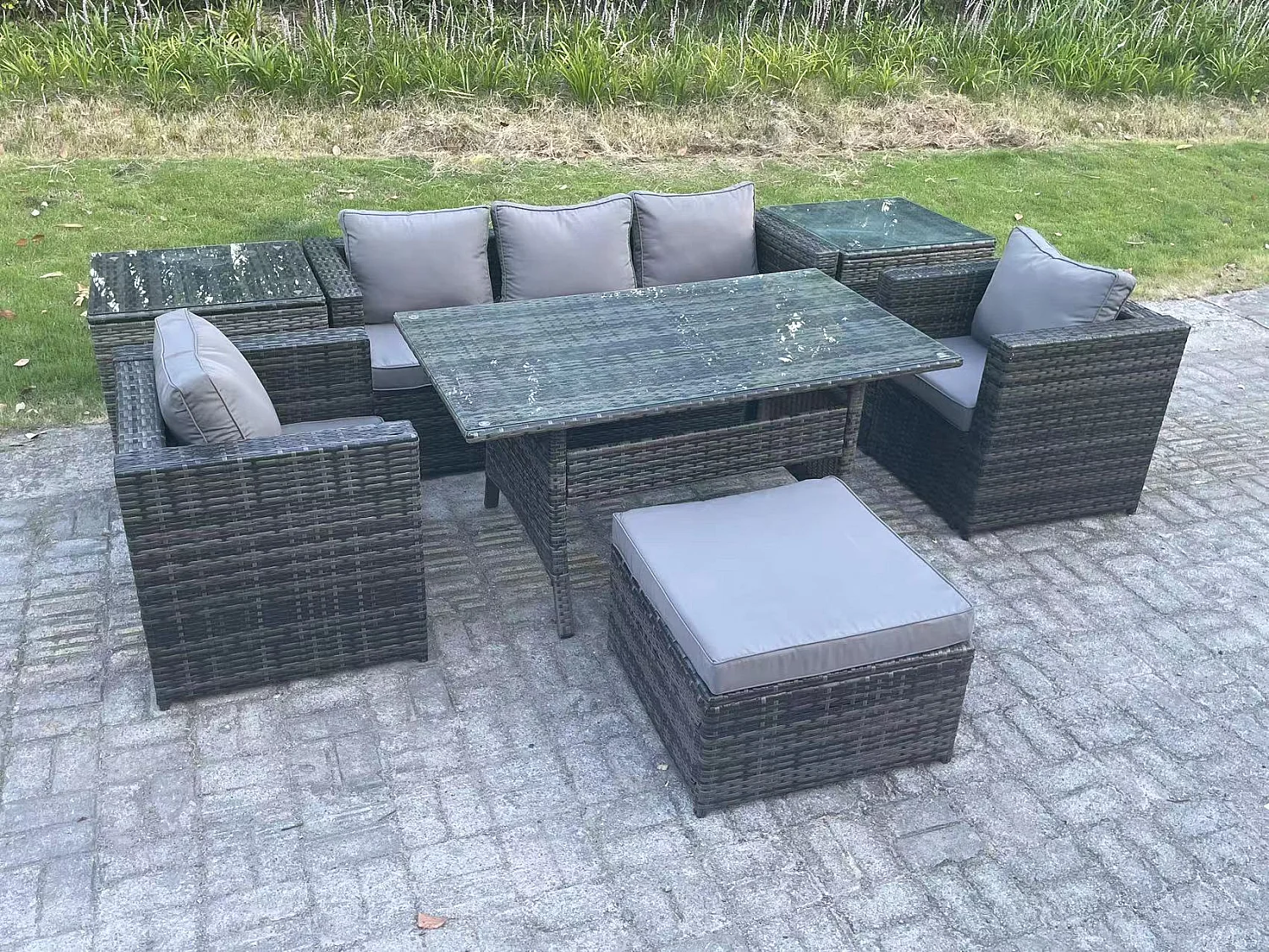 Fimous 6 Seater Rattan Garden Furniture Set Patio Outdoor Rectangular Dining Table Lounge Sofa Chair with 2 Side Table Stool Dark Grey Mixed