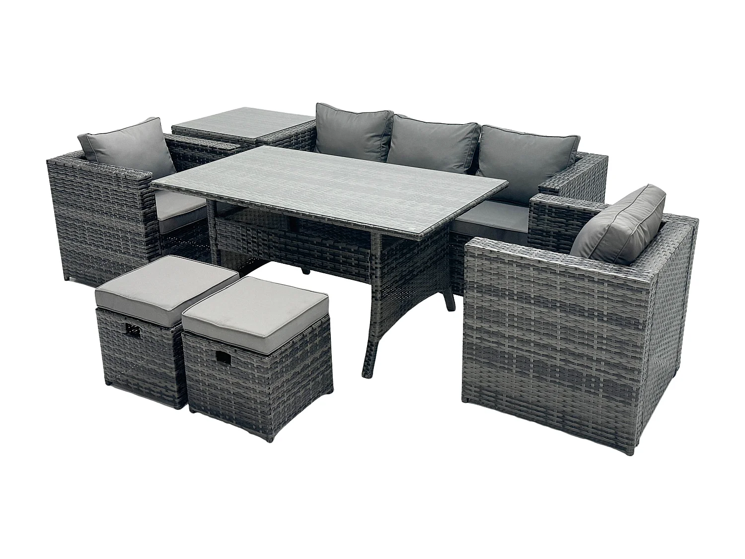 Fimous 7 Seater Rattan Garden Furniture Set Patio Outdoor Rectangular Dining Table Lounge Sofa Chair with Side Table 2 Small Stools Dark Grey Mixed