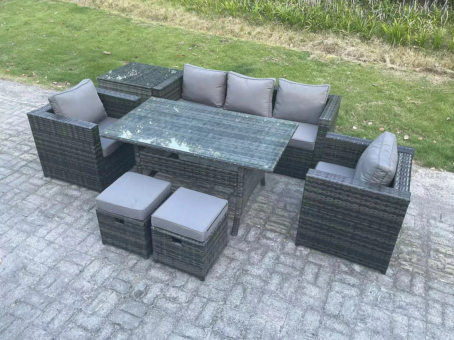 Fimous 7 Seater Rattan Garden Furniture Set Patio Outdoor Rectangular Dining Table Lounge Sofa Chair with Side Table 2 Small Stools Dark Grey Mixed