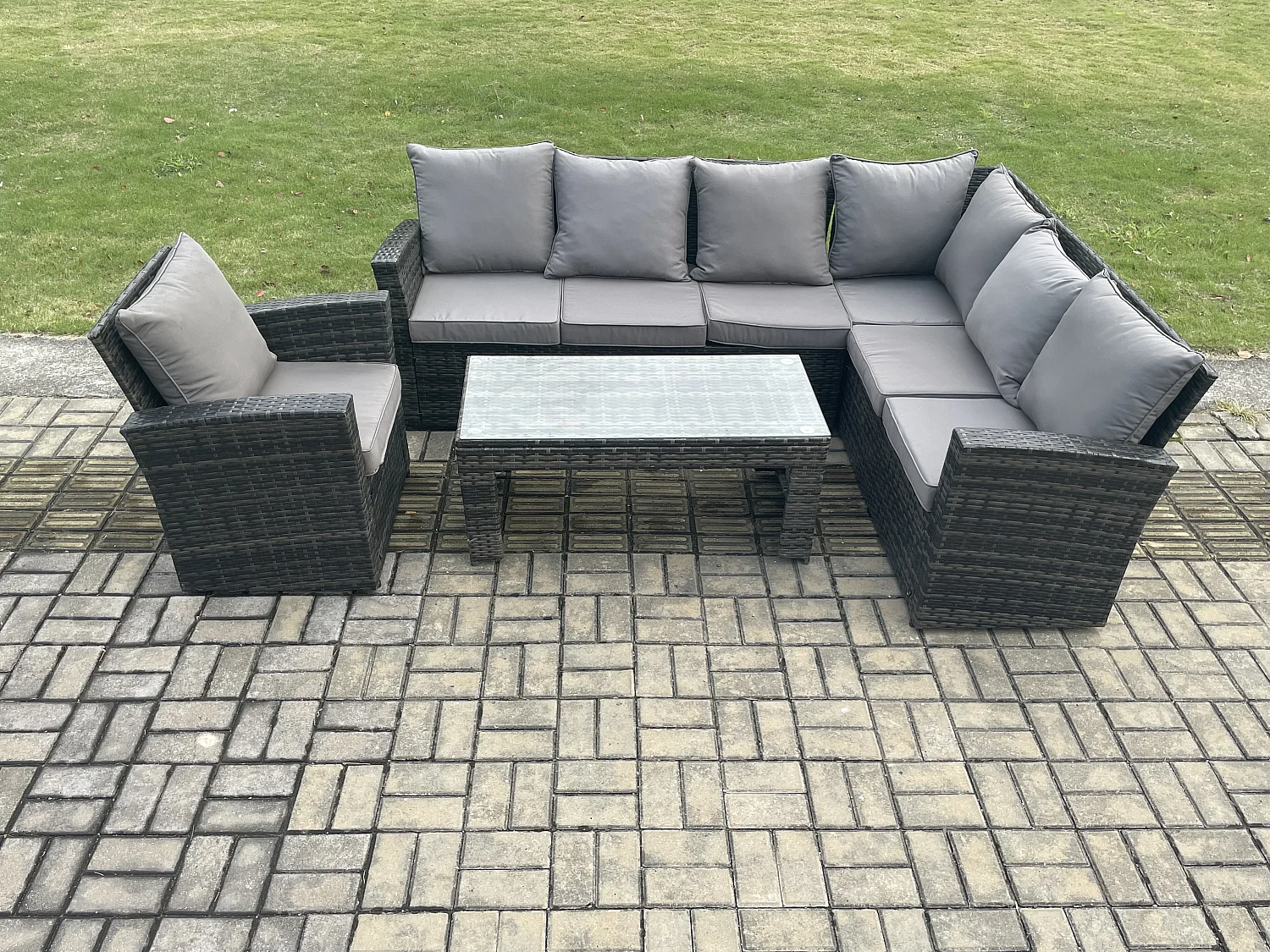 7 Seat Outdoor Gartenmöbel-Set Ecksofa Set Terrassen Sofa Sessel Tisch Set mit Kissen Dunkelgrau gemischt
