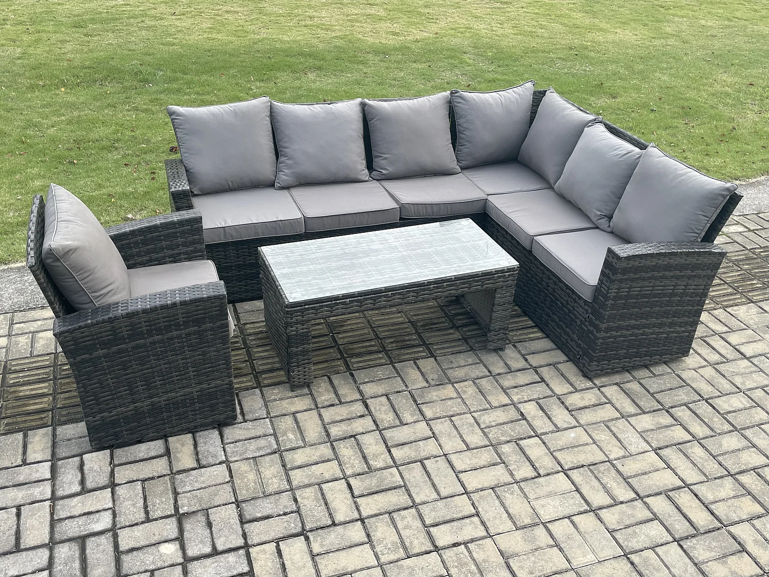 7 Seat Outdoor Gartenmöbel-Set Ecksofa Set Terrassen Sofa Sessel Tisch Set mit Kissen Dunkelgrau gemischt