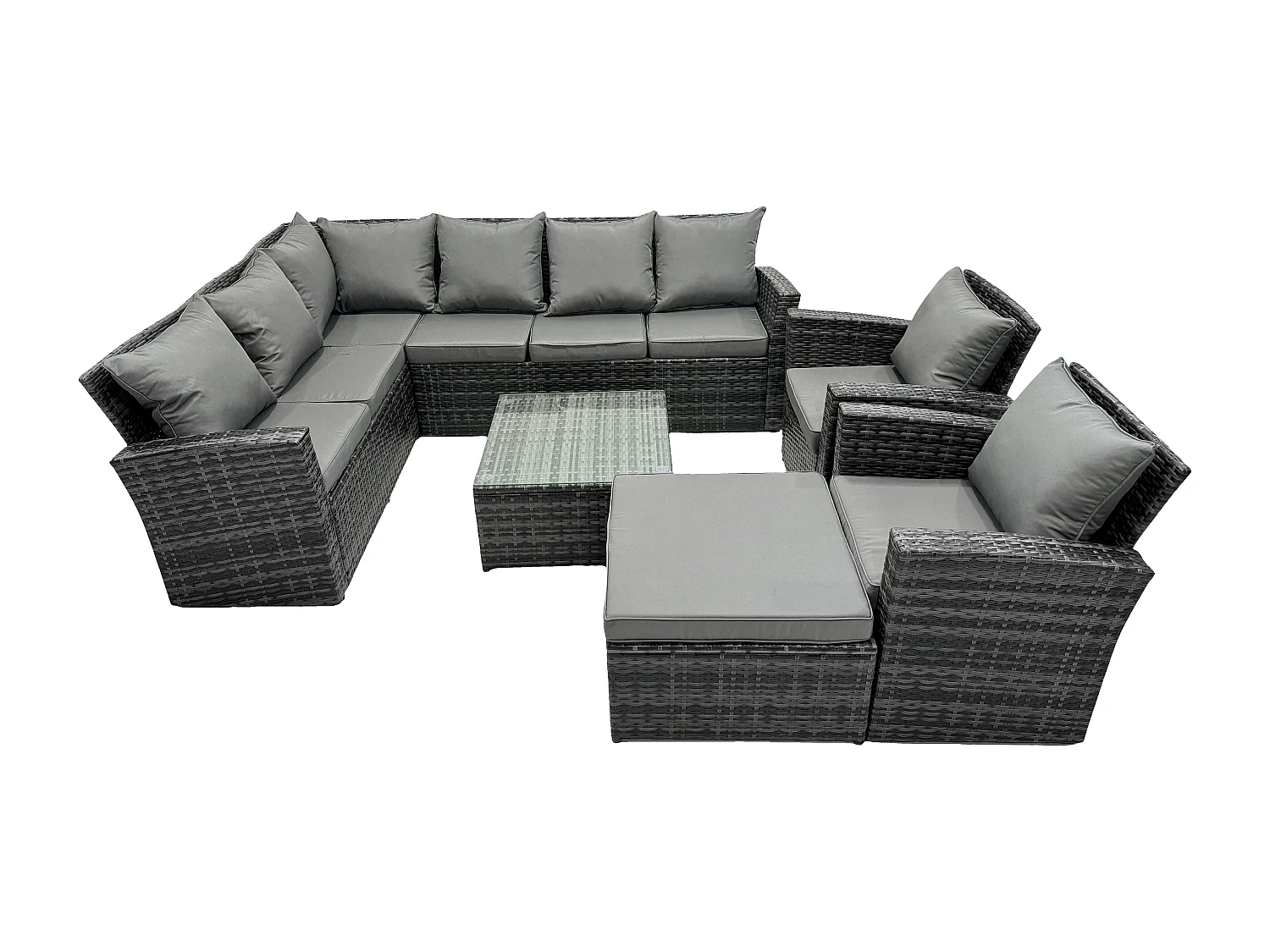 Fimous Rattan Garden Furniture Set Outdoor Lounge Corner Sofa Set With Square Coffee Table Big Footstool 2 Armchairs 9 Seater Dark Grey Mixed