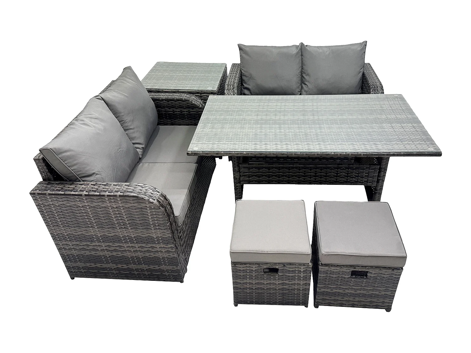 Fimous Garden Patio Furniture Wicker Rattan Oblong Rectangular Dining Table and Loveseat Sofa set with Side Table 2 Small Footstools Dark Grey Mixed