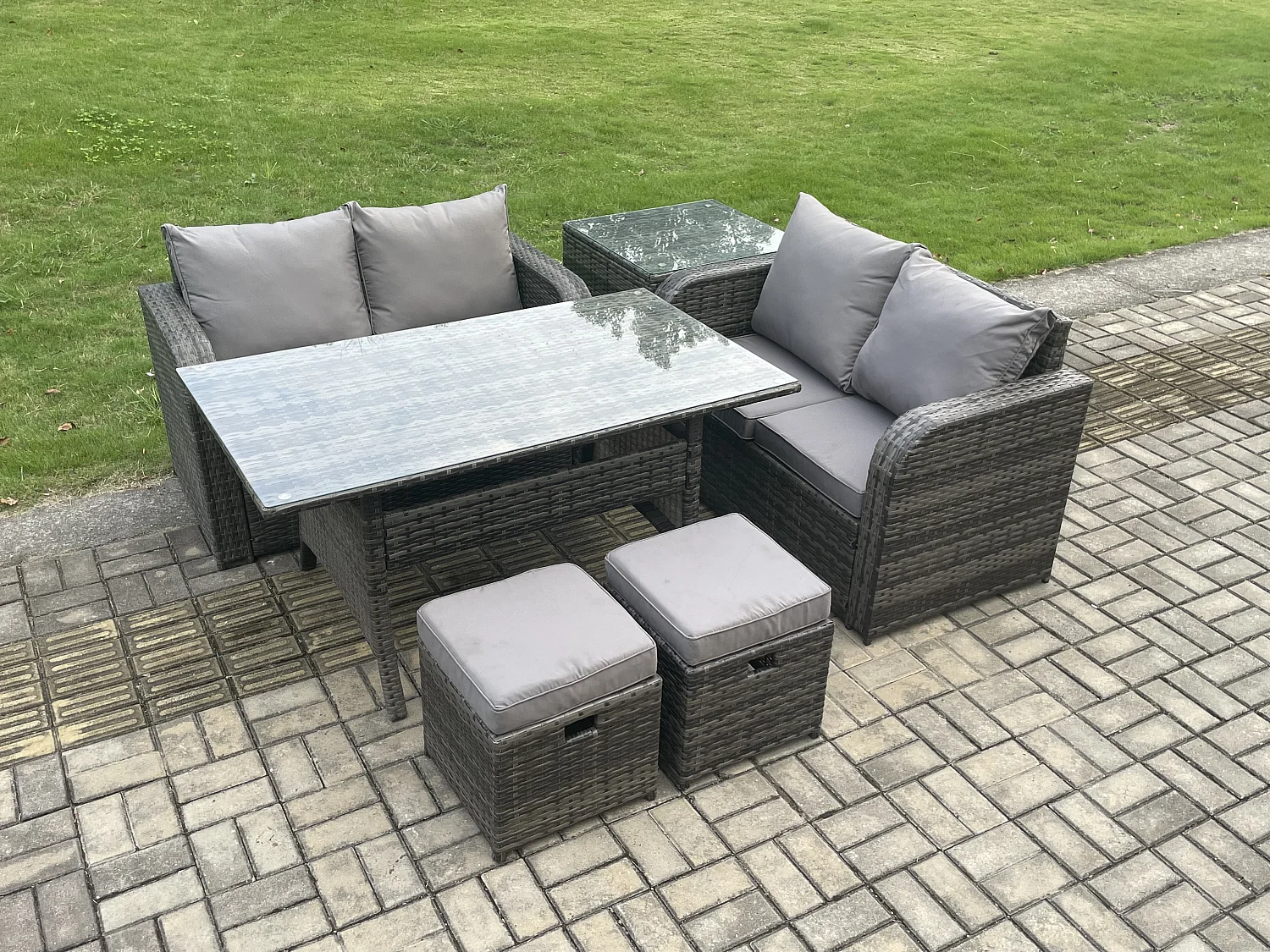 Fimous Garden Patio Furniture Wicker Rattan Oblong Rectangular Dining Table and Loveseat Sofa set with Side Table 2 Small Footstools Dark Grey Mixed