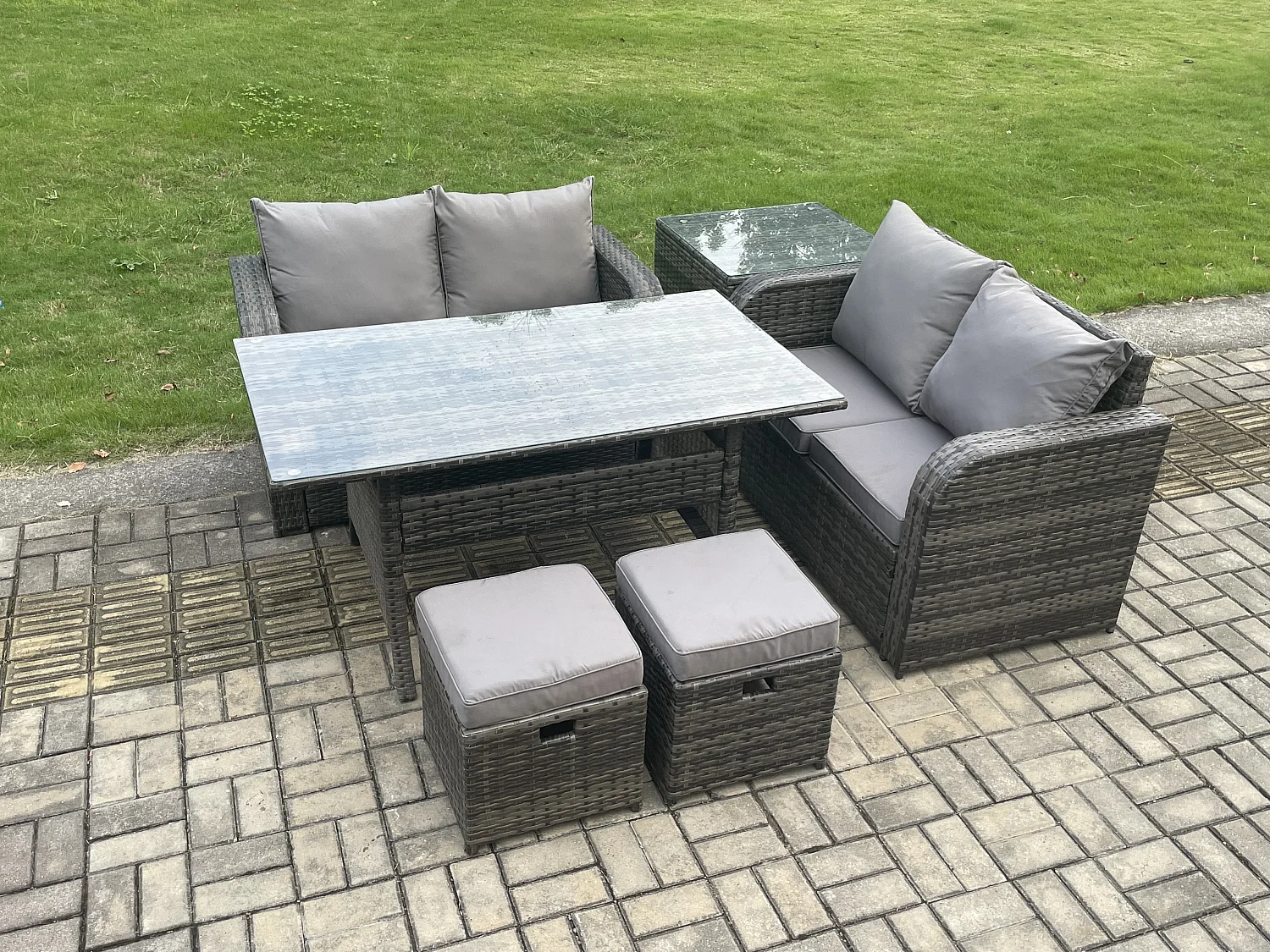 Fimous Garden Patio Furniture Wicker Rattan Oblong Rectangular Dining Table and Loveseat Sofa set with Side Table 2 Small Footstools Dark Grey Mixed