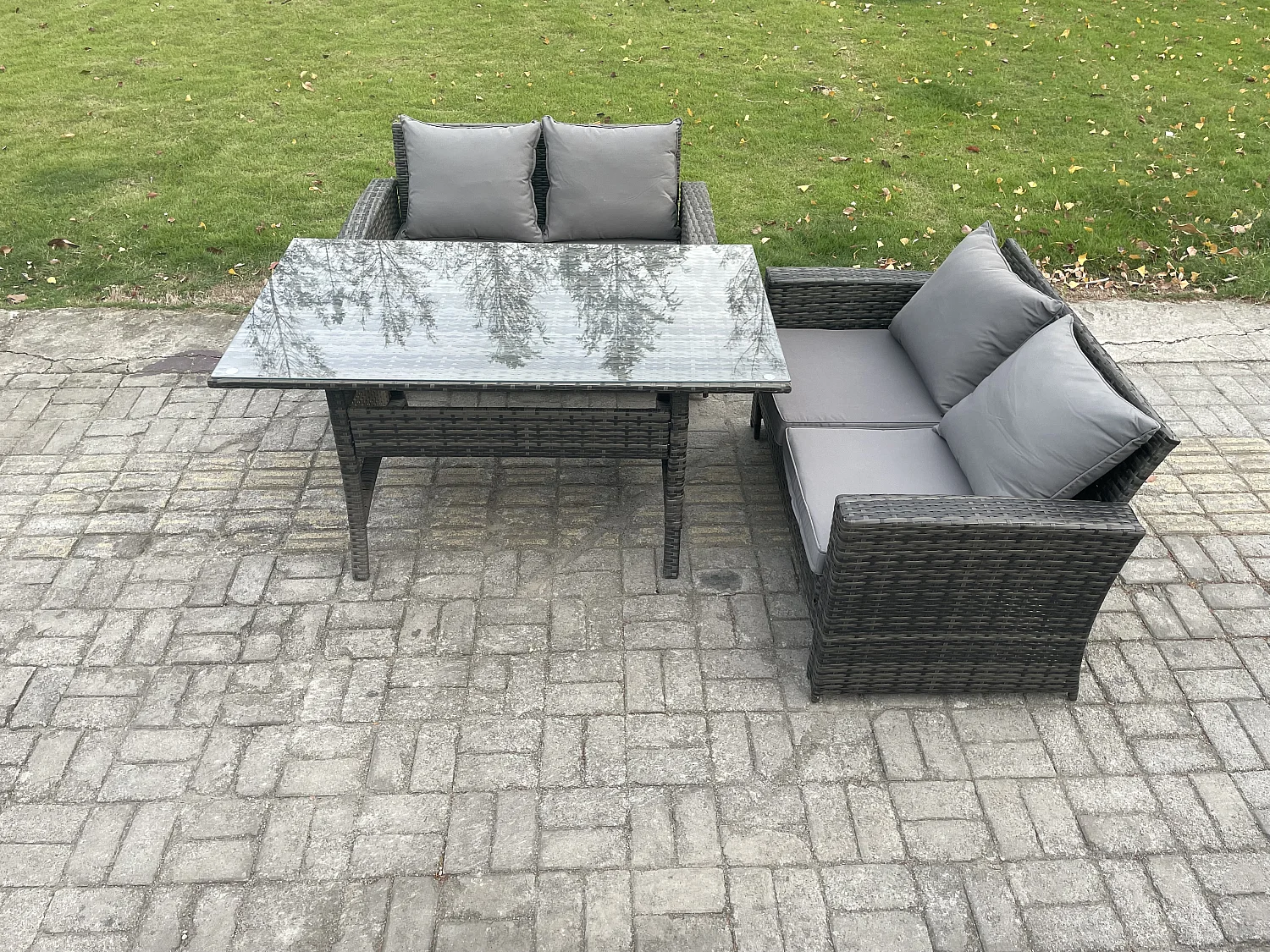 Dunkelgrau Polyrattan Gartenmöbel-Set Liebe Sofa Outdoor Rechteckiger Esstisch