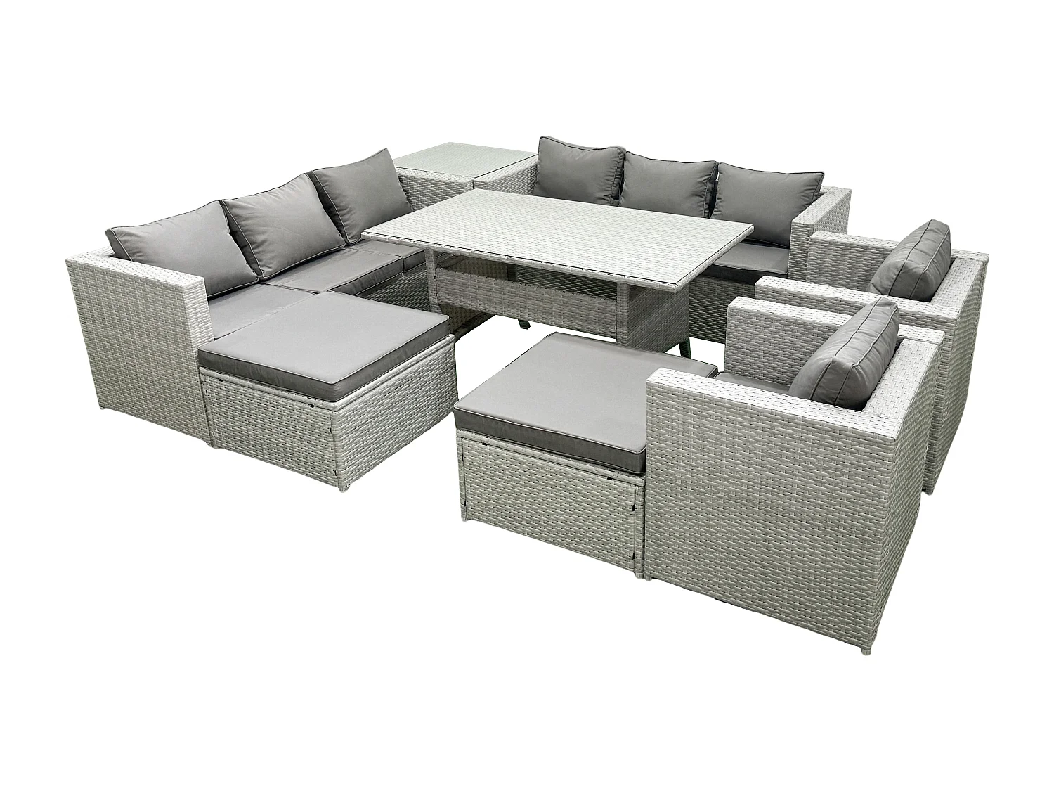 Fimous Rattan Garden Furniture Set Outdoor 8 Seater Patio Dinin g Sofa Sets with Dining Table 2 Chairs Side Table 2 Big Footstools Light Grey Mixed