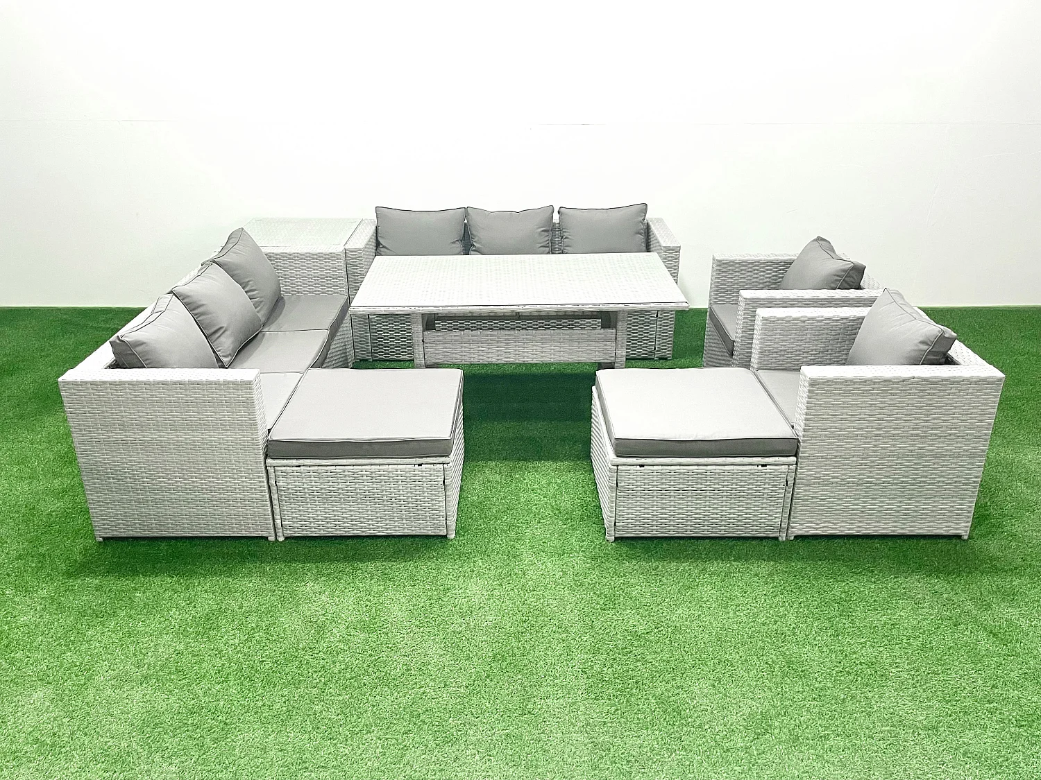 Fimous Rattan Garden Furniture Set Outdoor 8 Seater Patio Dinin g Sofa Sets with Dining Table 2 Chairs Side Table 2 Big Footstools Light Grey Mixed