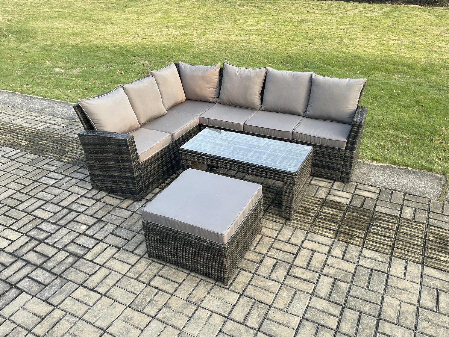7 Seat Outdoor Gartenmöbel-Set Ecksofa Set Terrassen Sofa Tisch Set mit Großer Fußhocker Dunkelgrau gemischt