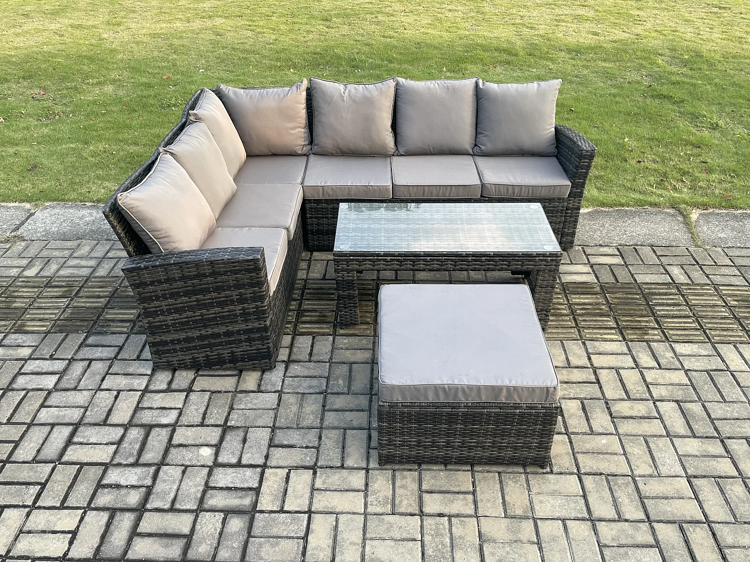 7 Seat Outdoor Gartenmöbel-Set Ecksofa Set Terrassen Sofa Tisch Set mit Großer Fußhocker Dunkelgrau gemischt